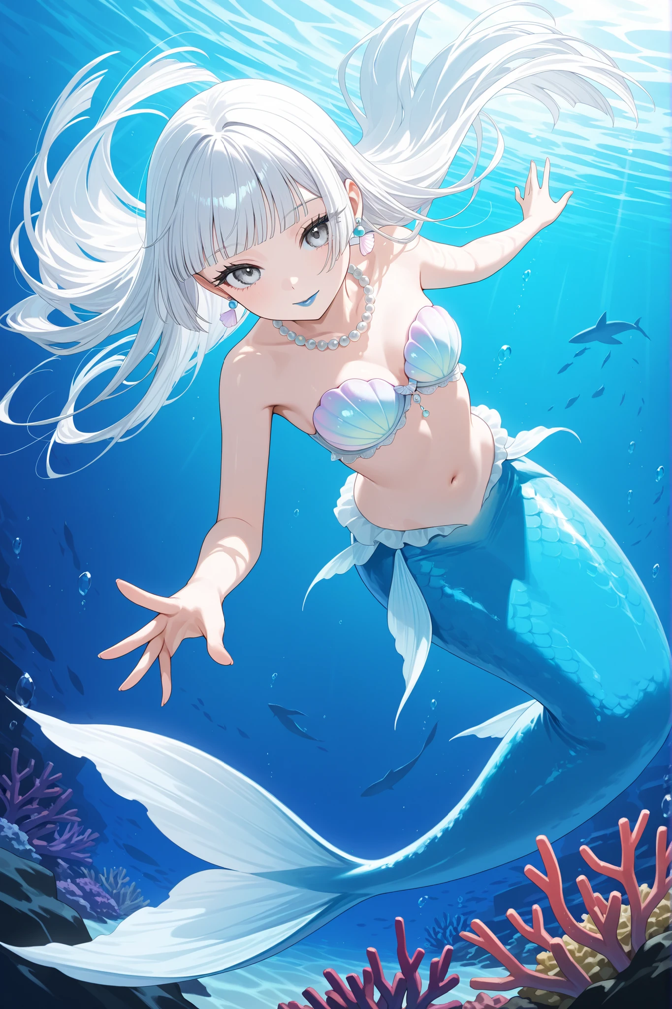 score_9, score_8_up, score_7_up, score_6_up, 
1girl, teen girl, mermaid, vvery elegant shell bra, white hair, hime-cut hair, straight hair, long hair, grey eyes, small, long eyelashes, pearl necklace, blunt bangs, young adult, coral earrings, blue lips, swimming gracefully, swimming upwards in a graceful manner, dynamic pose, dynamic angle, angled shot, beautiful underwater scenery, no seafloor, no seabed