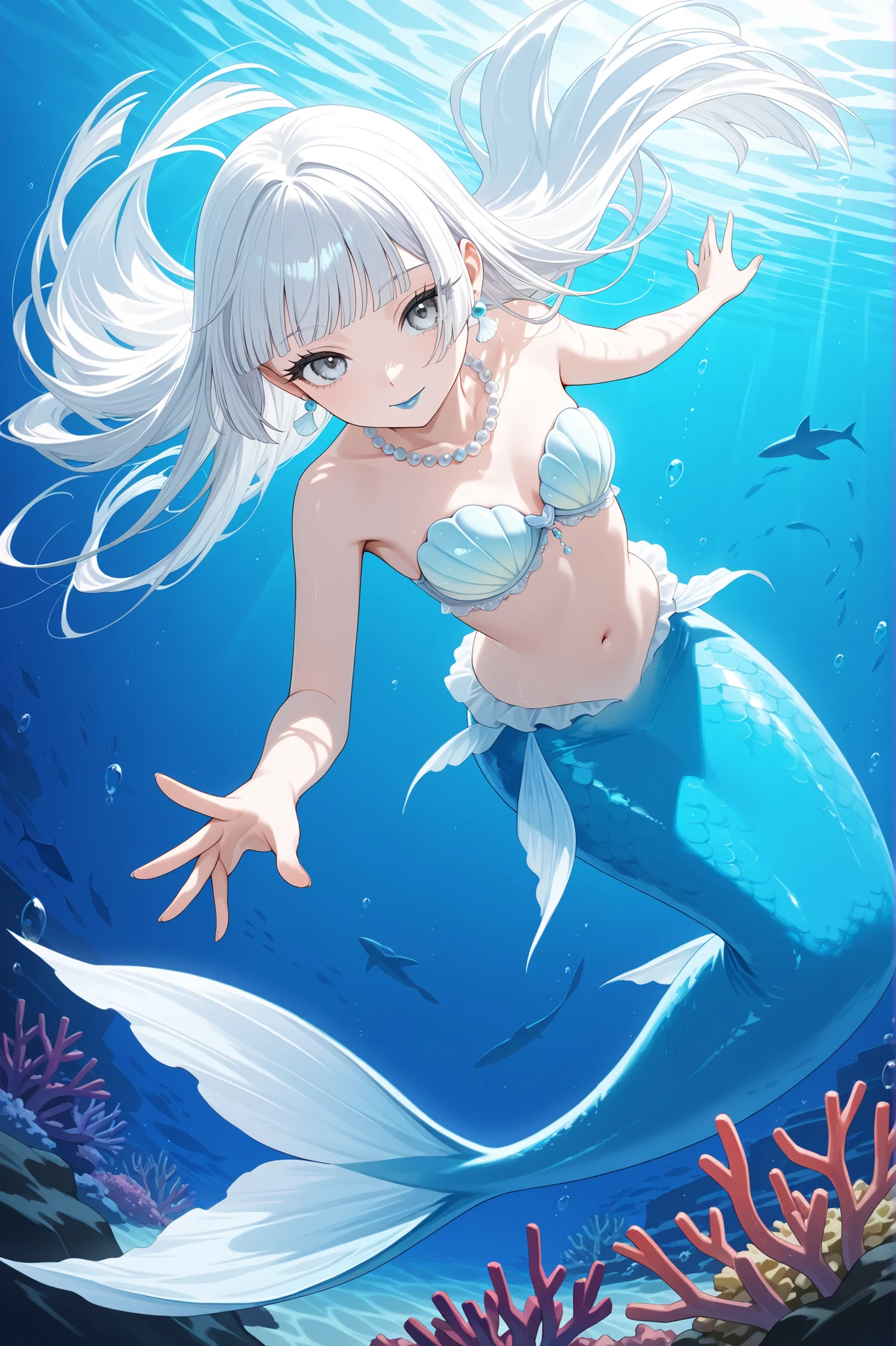 score_9, score_8_up, score_7_up, score_6_up, 
1girl, teen girl, mermaid, vvery elegant shell bra, white hair, hime-cut hair, straight hair, long hair, grey eyes, small, long eyelashes, pearl necklace, blunt bangs, young adult, coral earrings, blue lips, swimming gracefully, swimming upwards in a graceful manner, dynamic pose, dynamic angle, angled shot, beautiful underwater scenery, no seafloor, no seabed