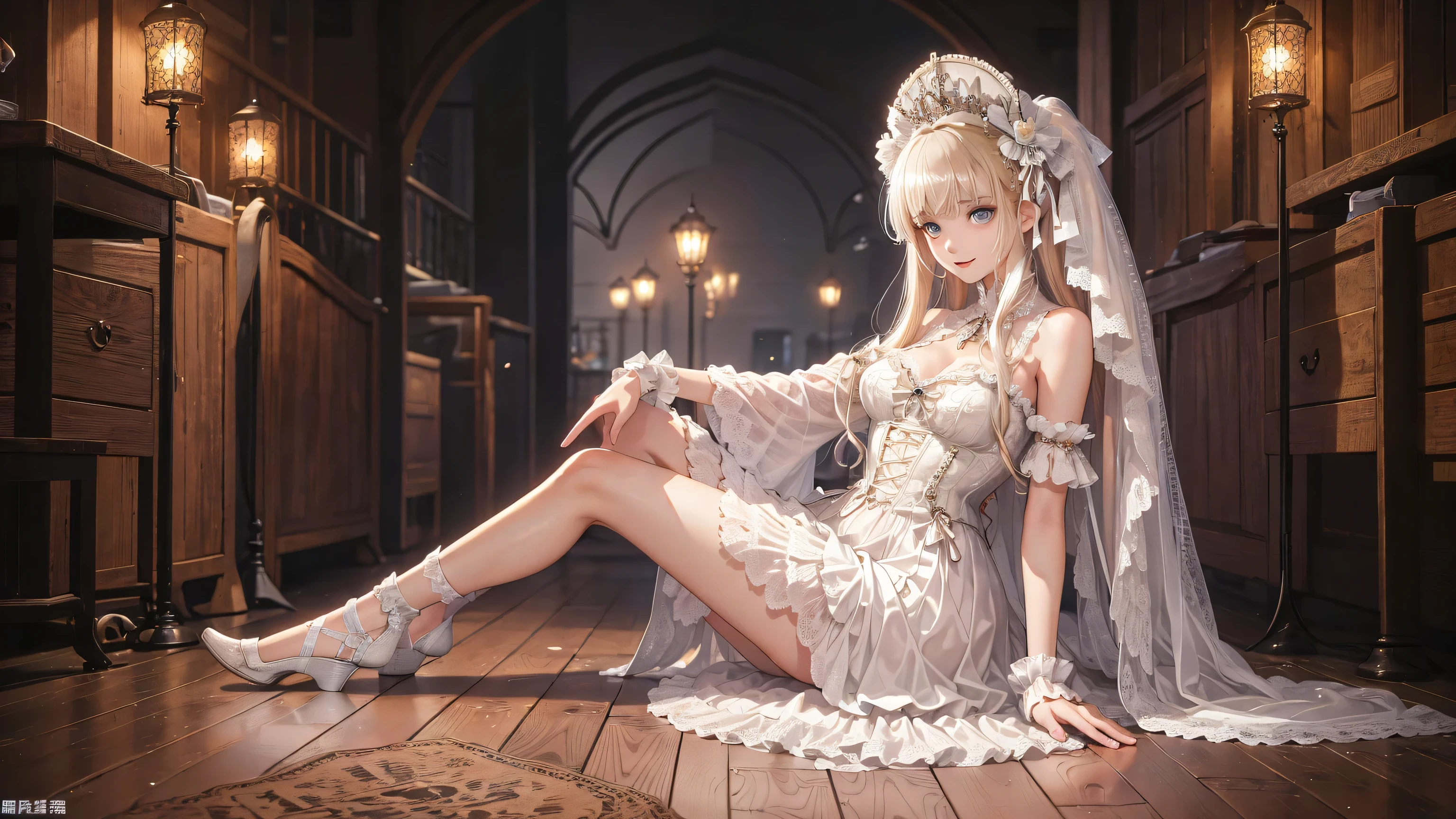 Solo, Composition from Head to Toe 、 full body view、 watch viewers、、 anime style、In 8K、32K、Masterpiece、 One Girl、 8k resolution, Masterpiece, best quality , unrealistic, anatomically accurate skeleton , 1 girl, Alone, ( perfect anatomy)、masterpiece、 Super high quality、 8k、Masterpiece、 best quality 、 Ultra high resolution 、 max resolution、 tall Highly detailed 、 professional lighting 、Anime、 young female 、thin、 very beautiful 、 detail eye 、 tall Highly detailed 顔、 blonde,、blue eyes, (skimpy dress)、short skimpy dress, beautiful lace lingerie, fairy tale、 full body, smiling, glad to see you,