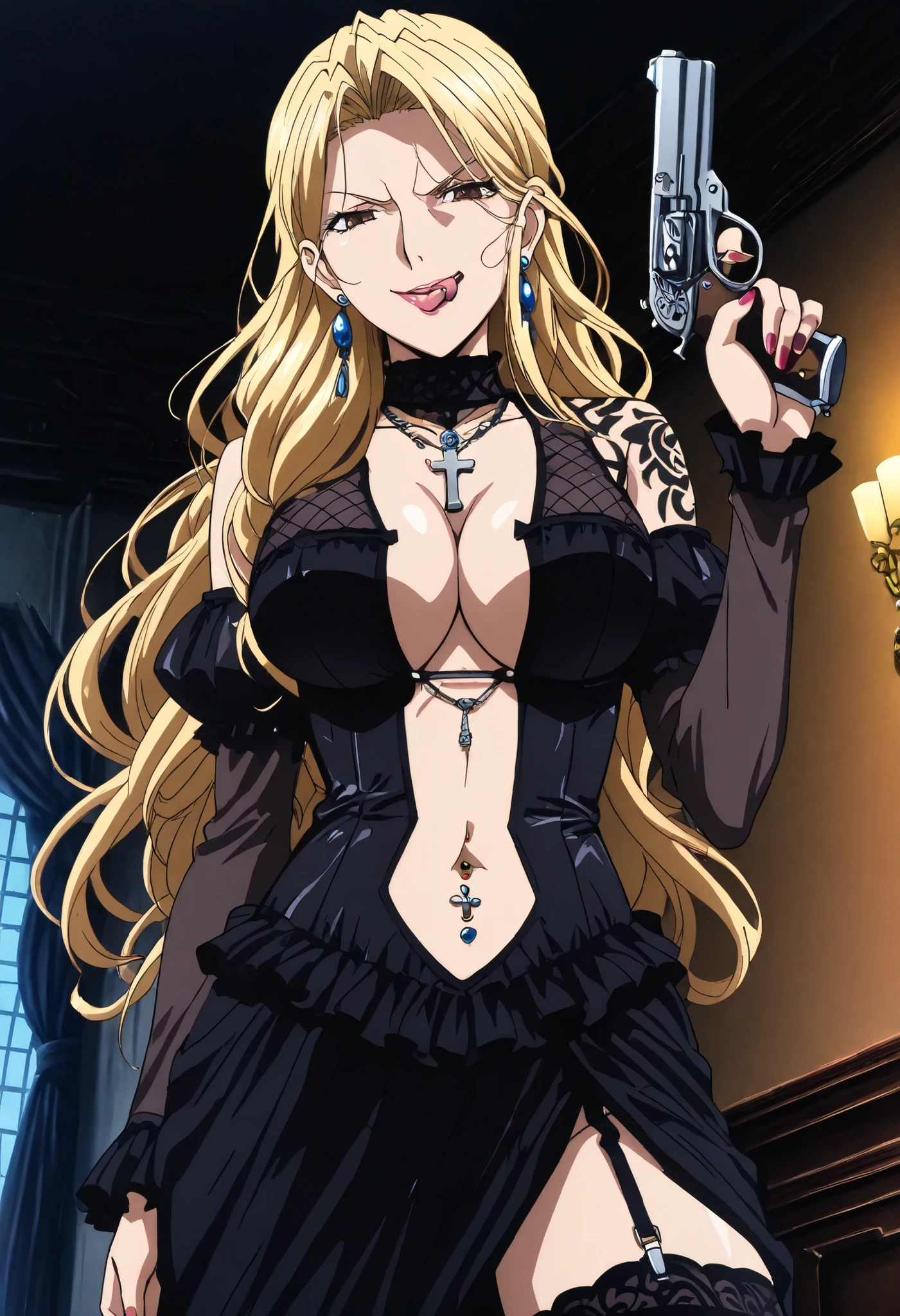 ((masterpiece)),(((best quality))),((ultra-detailed)),((illustration)),((disheveled hair)),((frills)),(1 girl),(solo), Lihtel \( Samayou Midara na Lunatics\),blonde hair,brown eyes,(anime coloring , anime screencap:1.2),(European Aristocrat Style:1.2),mature,sexy, dominatrix,Smirk,1girl, dark_fantasy_illustration, black choker, cross necklace, gothic, black dress, black thighhighs, lace thighhighs, lace-trimmed thighhighs, black lace thighhighs, black detached sleeves, black lace detached sleeves, lace sleeves, lace-trimmed detached sleeves, masterpiece, best quality, highly detailed, a girls in long dress with navel cutout posing for a picture, evil smile, smile, open mouth, () , revealing dress, beautiful dress center opening , long dress with bellybutton showing, official artwork, exposed navel, exposed bellybutton, jewelry, earrings, complex detailed background, casino environment, fancy interior environment, rich interior, holding a gun, holding pistol, side slit , navel cutout, exposed navel, exposed bellybutton, Evil Smile, Malicious Smile, lipstick, nail polish, ear piercing, long hair, , lipstick, Hot girl, baddie, smoking, sensual, attractive ,choker, ,cross necklace, , tongue out, tongue piercing, choker ,jewelry, earrings, () , navel piercing, medium large  , looking at viewer , dragon tattoo on waist , narrowed eyes , tattoo on waist , anipai_style , anime screencap , anime coloring , v-shape eyebrows , 　
