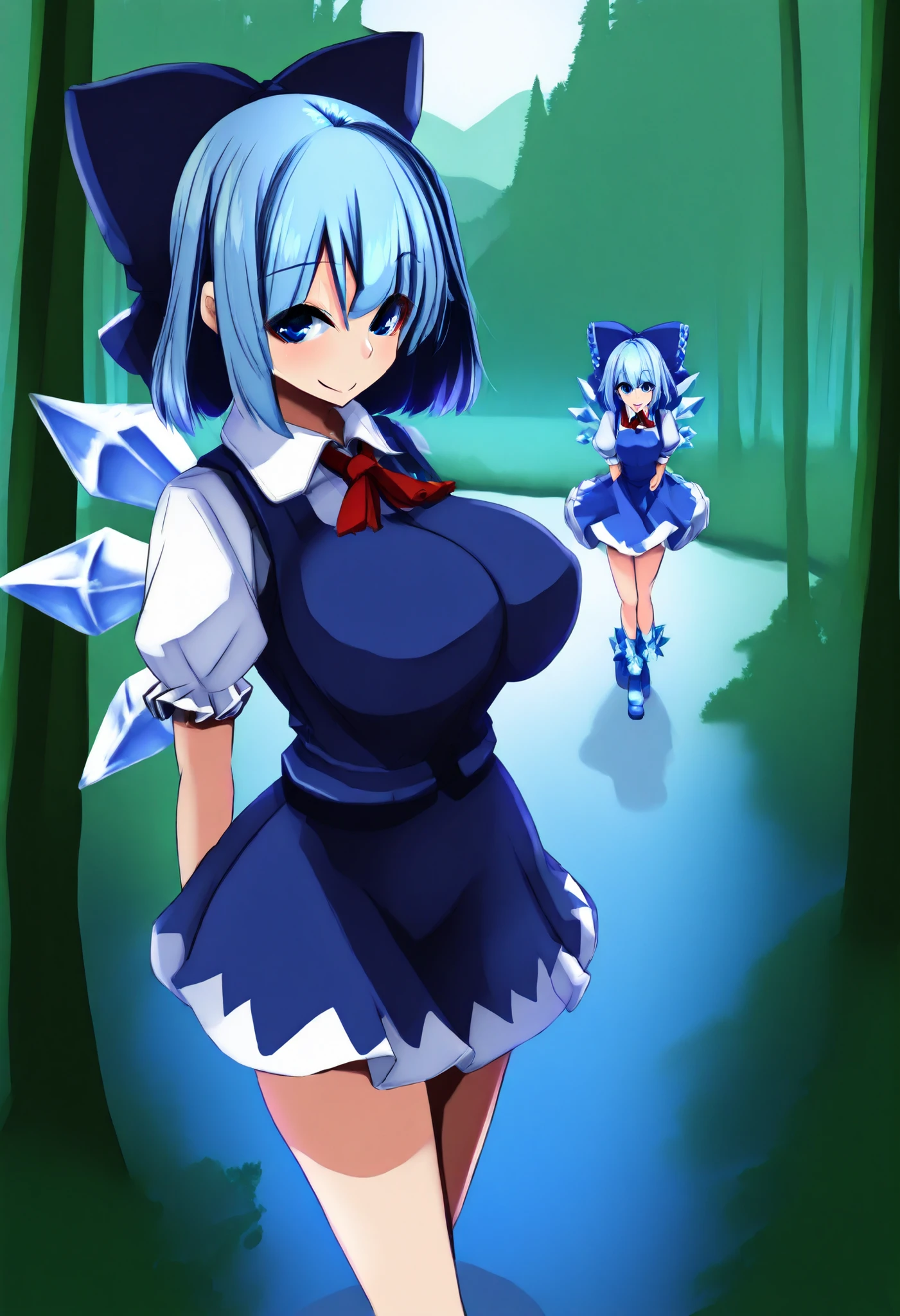 Yukito style, ((Forest)), ((lagoon)), Daytime, look at the audience, stand, posing , smile, ((big breasts)), Sino , 1Girls, alone, blue eyes, blue hair, short hair, ice wings, ice, Count Curve, hair Count Curve, Dress, blue Dress, Short sleeves, blue Count Curve, Puffy sleeves , red ribbon