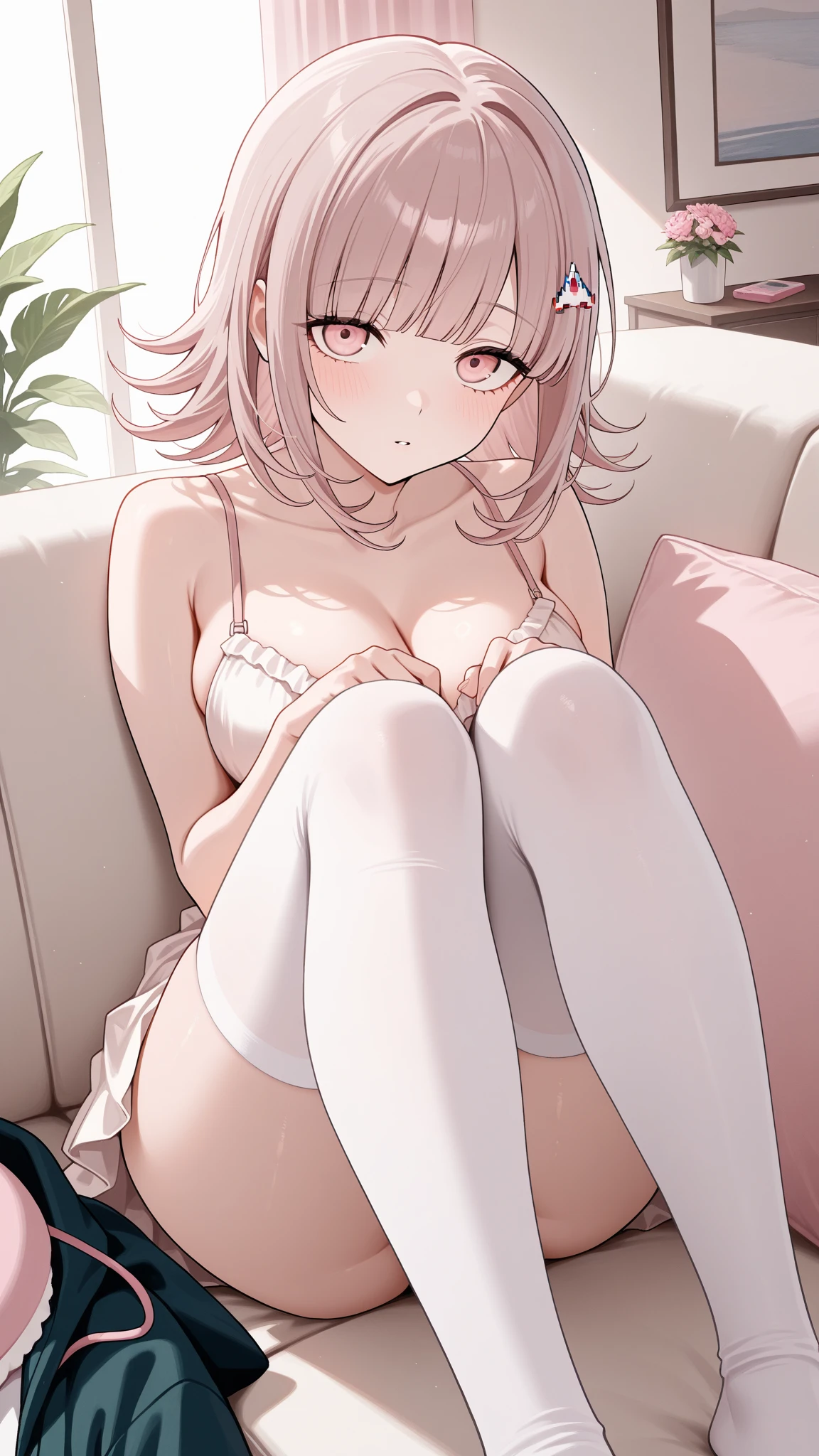 18 years old girls，tmasterpiece，Innocent face，Bob Head，White bra，did not wear panties，The lower body is naked，Bare legged，Barefoot，sit on a bed，Snow-whiteskin，overcast day，with pink hair，a pink eyes，thick thight，sexy for，wallpaper，nsfw