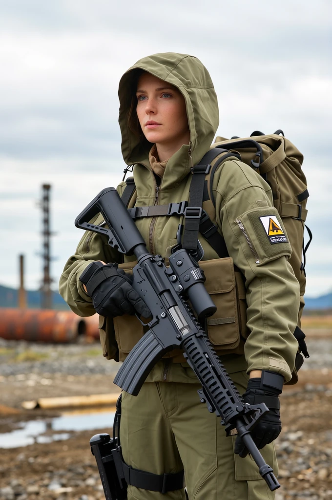 Create a realistic image of a young woman in modern Ukrainian military uniform. She should be dressed in a camouflage outfit with appropriate insignia and patches. The background should be neutral or slightly blurred to keep the focus on the woman. The details of the uniform should be meticulously drawn, including elements like a helmet, body armor, and tactical accessories. The woman's face should express confidence and strength, yet remain feminine. The overall style of the image should be realistic and high-quality