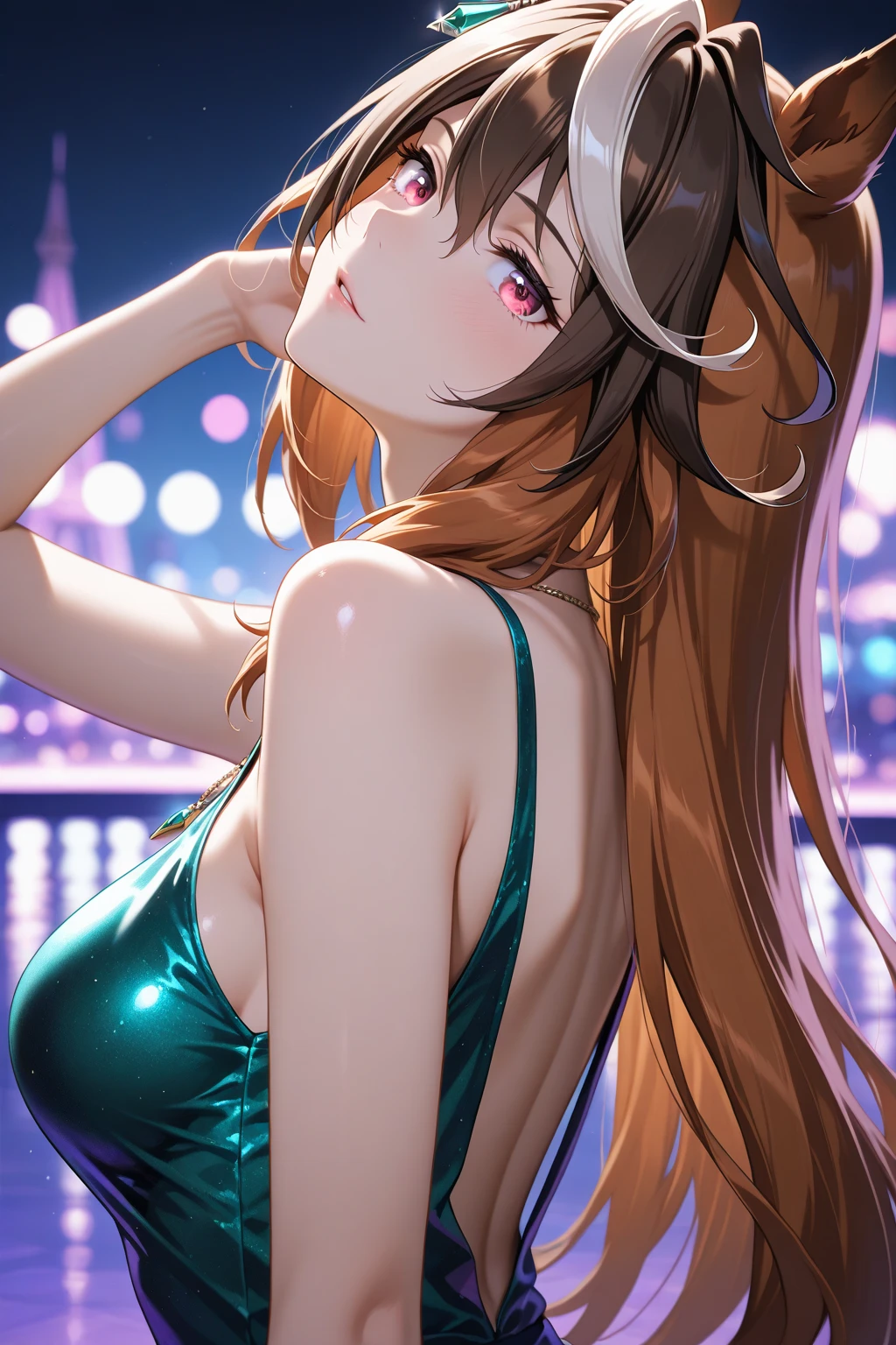 top-quality、Top image quality、super creek \(umamusume\)、​masterpiece、girl with((20yr old、Best Bust、big bast、Bust 85、??????? wide open、A slender、Large valleys、Gold ??????、Gold Dress,Leaning forward、Reflecting the whole body)）hiquality、Beautiful Art、Background with((Luxury Hotels、Golden Chain、Window with night view)))masutepiece、visualart、depth of fields、