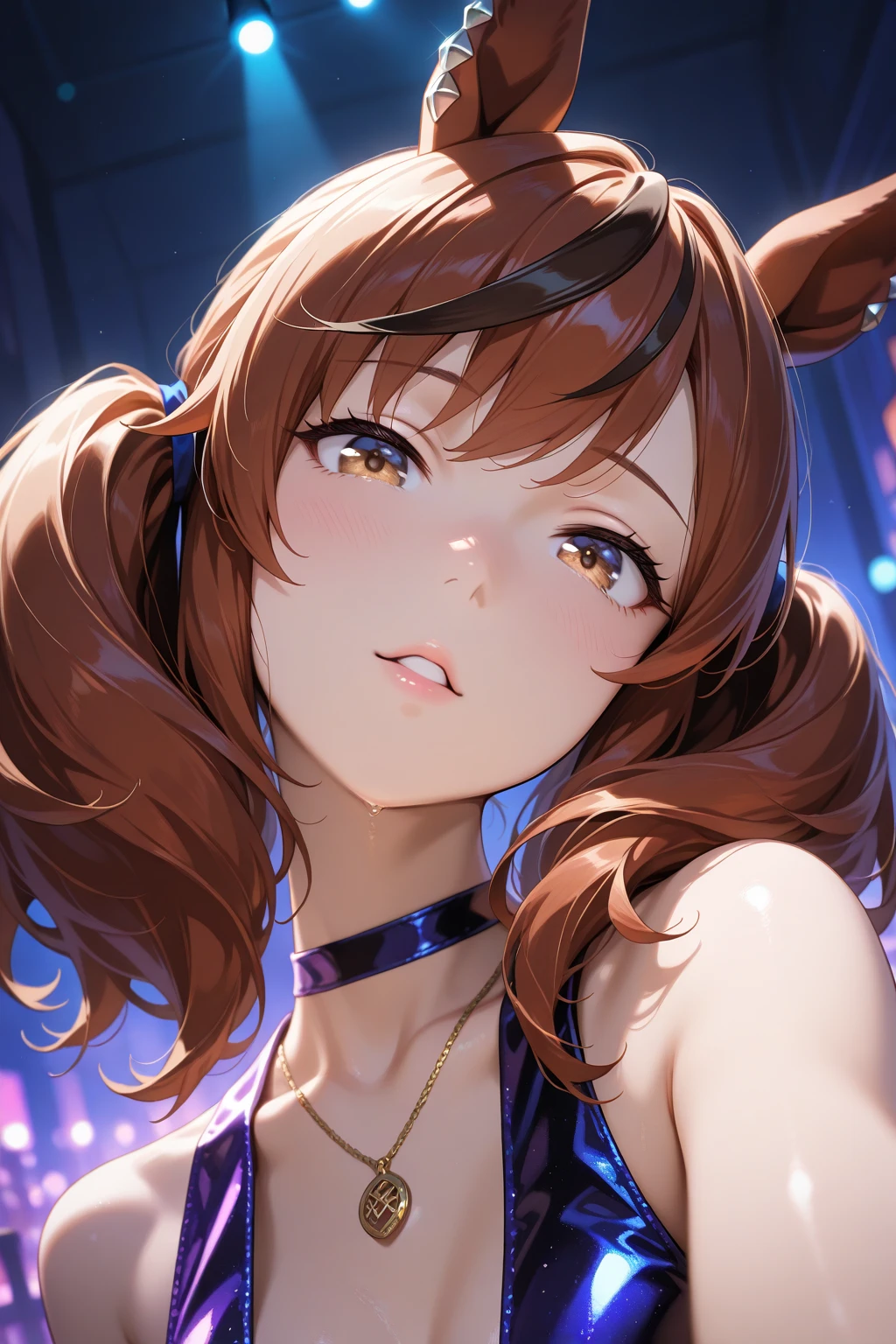 (masterpiece), best quality, expressive eyes, highres, perfect eyes, perfect face, perfect hands, 1girl, genie, zodiac, shirt over 1 shoulder, Brown shirt, long sleeves, necklace, long Brown hair, city background, headband, Brown eyes, Brown skirt, , rings, bracelets, charismatic, crazy face, crazy eyes, crazy smile, 