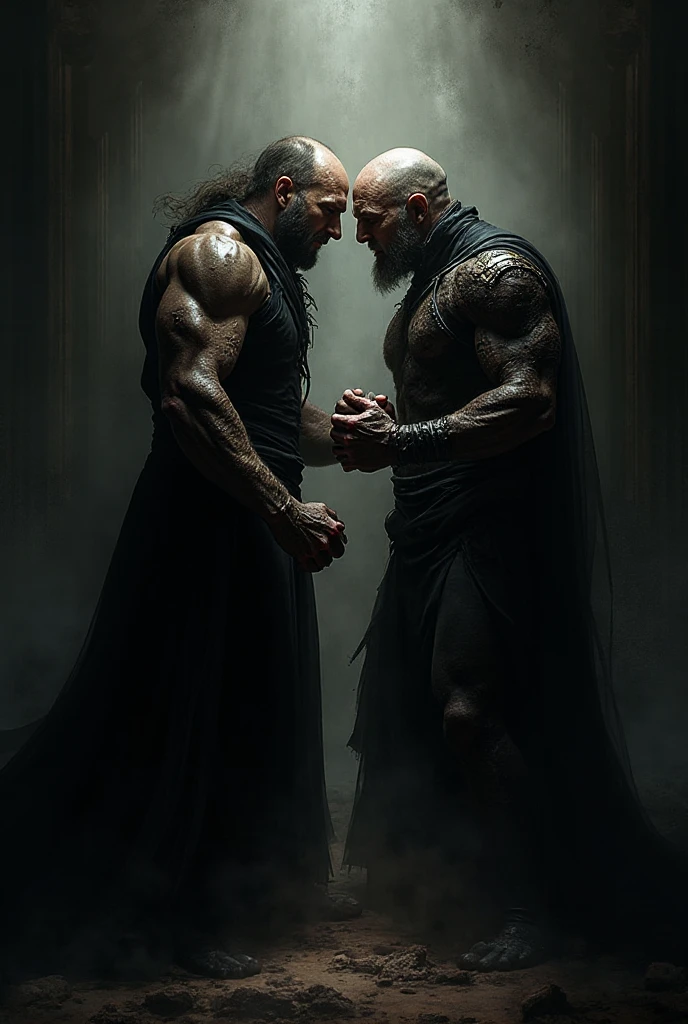 A 40 year old mage and his 20 year old apprentice are shaping two spirals of purple, arcane magic around himself. absolute muscle monsters, Greek ethnicity, balding, stubble. Obscenely wide shoulders and traps. Very defined ‘V’ body shape with a narrow waist. Well defined six pack. Exceptionally hairy chest. 