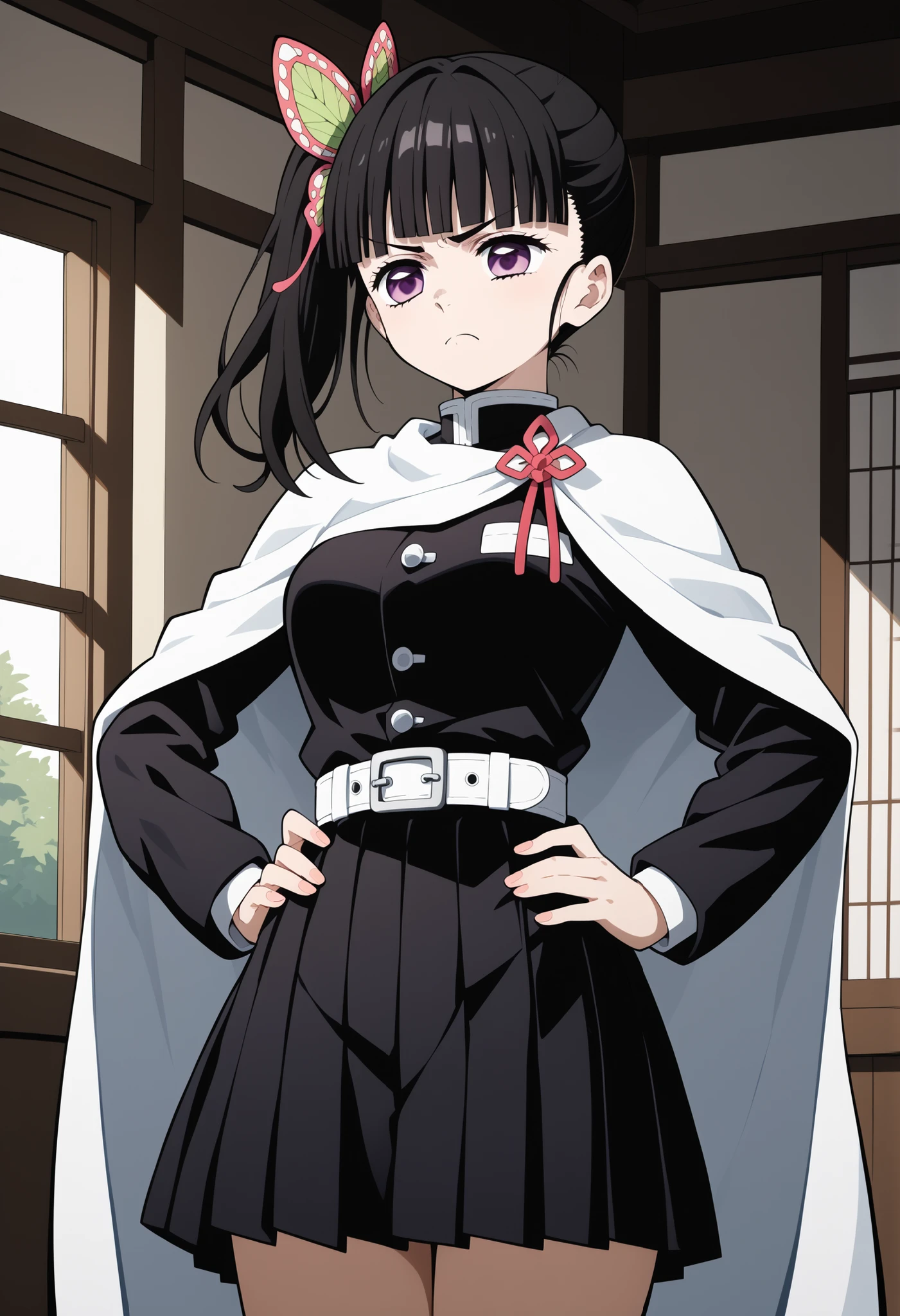 score_9, score_8_up, score_7_up, score_6_up, score_5_up, score_4_up, source_anime, aakanao, long hair, black hair, side ponytail, hair ornament, purple eyes, breasts, white cape, black shirt, long sleeves, white belt, pleated skirt, black skirt, <lora:tsuyuri_kanao_ponyxl_v1:0.9>, standing, cowboy shot, hands on own hips, pout, frown, indoors,