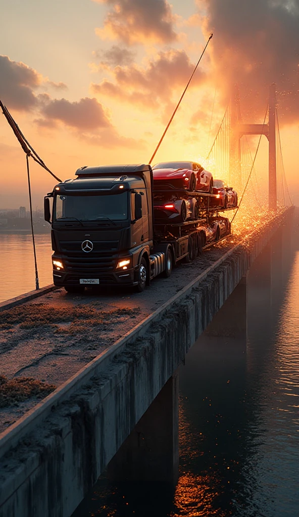Hyper-realistic cinematic image of a massive black car carrier truck loaded with five brand-new luxury cars (Ferrari, Lamborghini, Porsche, McLaren, Bugatti) driving across a huge modern suspension bridge during sunset. The bridge spans over a wide river with a glowing orange sky and dramatic clouds. Suddenly, cracks begin forming on the bridge deck beneath the truck — some sections of concrete are breaking apart, with dust and debris falling into the water below. The truck tilts slightly forward, and one red Ferrari on the upper deck is sliding backward toward the broken edge. The camera angle is from behind the truck, showing the entire collapsing bridge ahead, sparks flying, cars shaking, and realistic lighting reflections on the water. Ultra-detailed and cinematic.