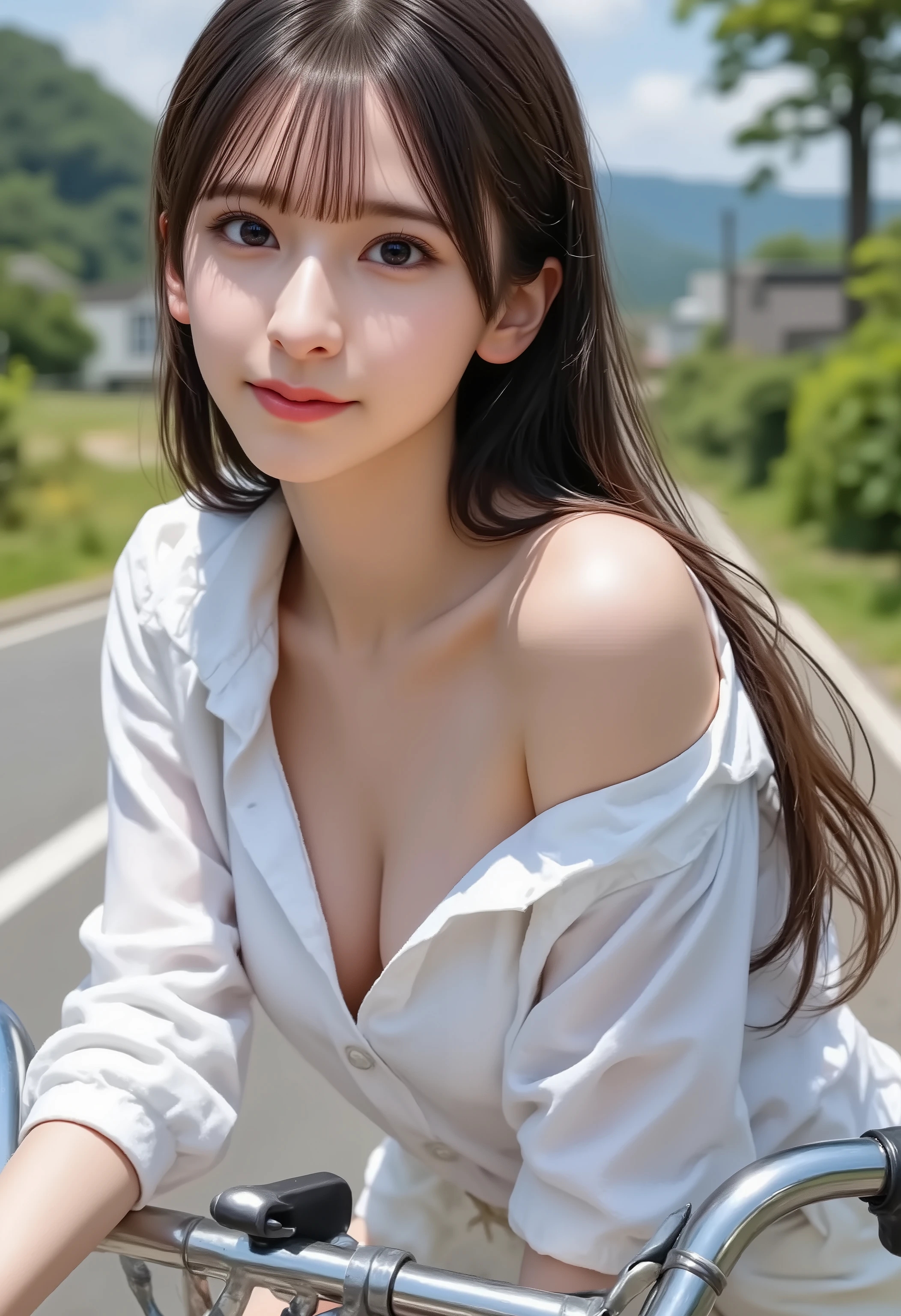 soft polite smile, lips gently closed, tiny mouth-corner lift, slight eye-squint (smiling eyes), relaxed jaw, natural micro-asymmetry,
ultra-realistic portrait of a delicate, elegant Japanese idol lookalike (Asuka Saito inspired), very small face, refined V-line jaw, straight refined nose, gentle almond deep-brown eyes, soft neutral smile, porcelain smooth skin with fine pores and subtle peach fuzz, long jet-black straight hair with airy see-through bangs, glossy strands, neat face-framing pieces, An oversized white dress shirt worn loosely over bare skin, buttons open, slightly fluttering in the wind. The woman is walking her bicycle along a rural road, glancing back with a playful smile, shirt revealing cleavage and waist as it shifts. Photorealistic outdoor gravure style.
