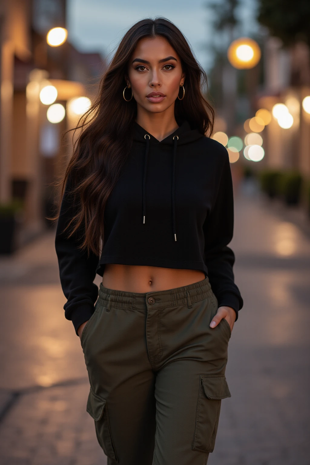 arafed woman taking a selfie in a green crop top, wearing military outfit, military outfit, wearing a cropped top, army girl outfit, outfit photo, wearing crop top, 2 4 year old female model, military girl, crop shirt, ((bloated belly)), (full body shot), ((barefoot)), physical : midriff, with two front pockets, wide