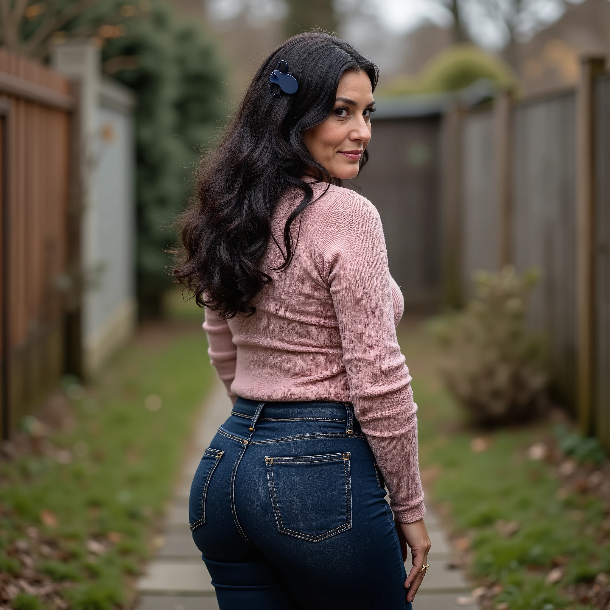 Photorealistic full-body true rear portrait of a mature European woman, shot straight from behind. Long dark wavy hair loosely pinned back with a dark blue claw clip, glancing over her shoulder with graceful mature beauty. Wearing ultra-skinny dark blue jeans with a second-skin fit, slightly stretchy with elastane, accentuating her wide hips, buttocks, and slim waist. Paired with a pale pastel rose form-fitting knit sweater, tucked slightly into the waistband to highlight her curves. Standing in a quiet, secluded backyard area. Soft blurred background enhances focus on the woman. Captured in overcast autumn daylight, cinematic and ultra-detailed, realistic 8k photography style.