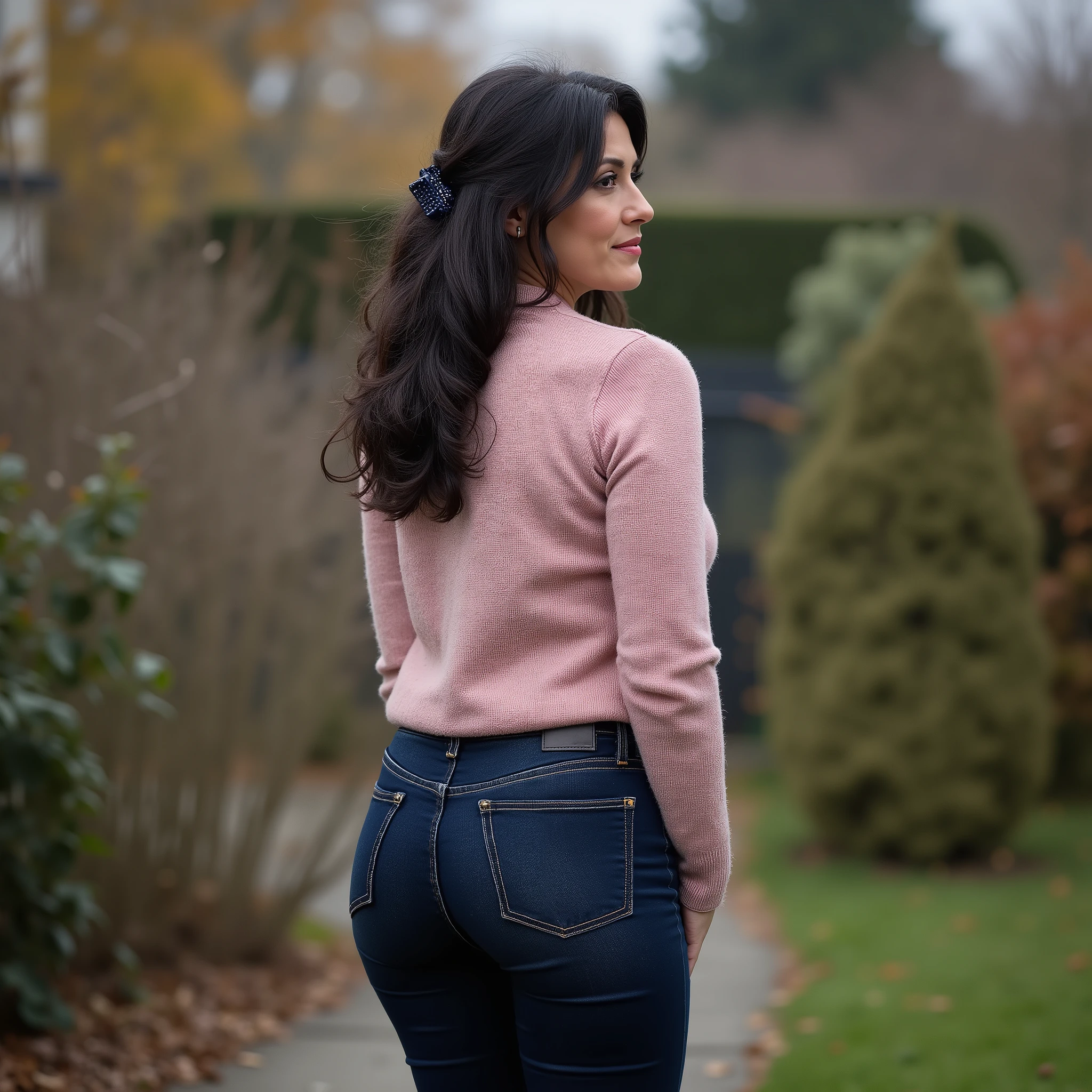 Photorealistic full-body true rear portrait of a mature European woman, shot straight from behind. Long dark wavy hair loosely pinned back with a dark blue claw clip, glancing over her shoulder with graceful mature beauty. Wearing ultra-skinny dark blue jeans with a second-skin fit, slightly stretchy with elastane, accentuating her wide hips, buttocks, and slim waist. Paired with a pale pastel rose form-fitting knit sweater, tucked slightly into the waistband to highlight her curves. Standing in a quiet, secluded backyard area. Soft blurred background enhances focus on the woman. Captured in overcast autumn daylight, cinematic and ultra-detailed, realistic 8k photography style.