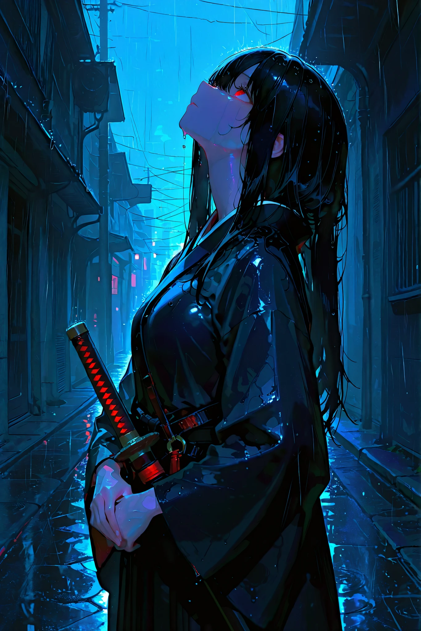 748cmstyle, 1girl, solo, ultrahd, ((best quality)), (highres), beautiful eyes, best eyes, good eyes, good hands, best hands, perfect anatomy, best anatomy, perfect body, ideal body, majestic, ideal, perfect, (sheathed sword), red eyes, long black hair, black japanese robes, (sheathed katana), standing, dignified, noble, night, looking up, sideview, street, alleyway, straight hair, rain, wet, wary, looking up, small breasts, hand on hilt, ethereal, mist
