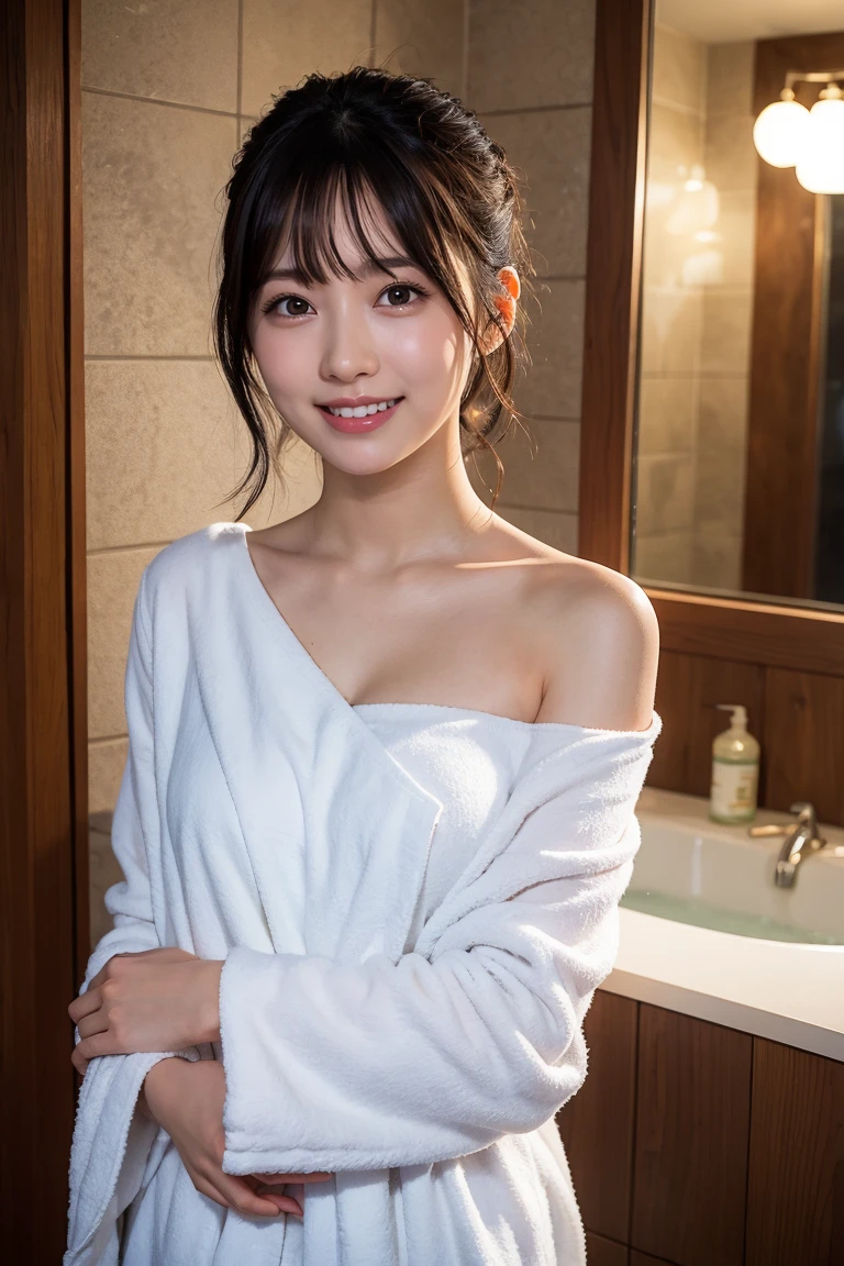 ulzzang-6500-v1.1,(Raw photo:1.2), (Photoreal), (genuine:1.4), ((muste piece)),(very realistic, High resolution, detailed face, fine eyes), thin woman, 30 years old, cute face, eyes closed, (very affectionate smile:1.2)、various popular hairstyles, slim body shape, small breasts, very thin waist, sitting on the bed, wrapped in a bath towel、at home, looking sideways, 
