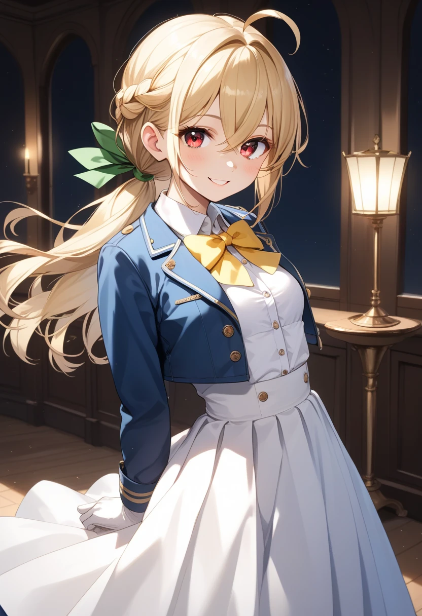 eliayase, eli ayase, yellow hair, blue eyes, ponytail, hair ribbon, masterpiece, best quality, high resolution, unity 8k wallpaper, illustration, beautiful detailed eyes, blush, glossy lips, perfect lighting, extremely detailed CG, perfect , light smile, white blazer, red , white thigh boots