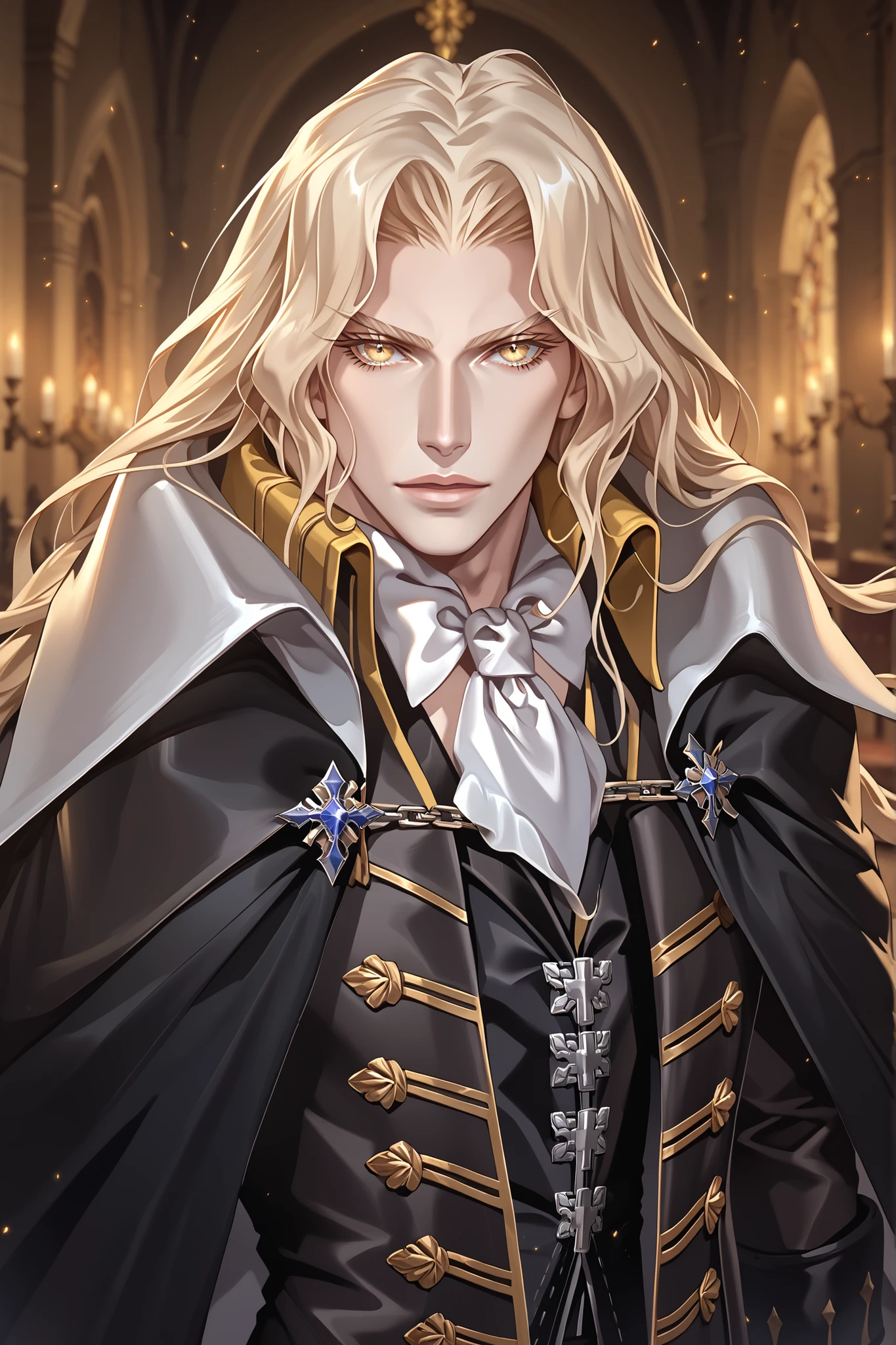 glistening skin,alucard_castlevania,long hair, yellow eyes, pale skin, cape, ascot, black gloves, black pants, coat,1boy,male focus, Alucard, long blond hair, portrait, seductive look, expressive eyes, eyes details, absurdres, topquality, ultradetail, masterpiece