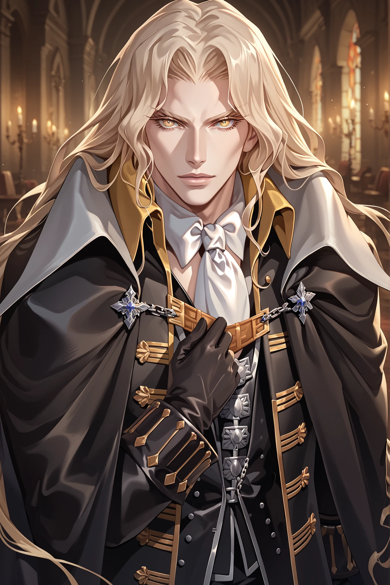 glistening skin,alucard_castlevania,long hair, yellow eyes, pale skin, cape, ascot, black gloves, black pants, coat,1boy,male focus, Alucard, long blond hair, portrait, seductive look, expressive eyes, eyes details, absurdres, topquality, ultradetail, masterpiece