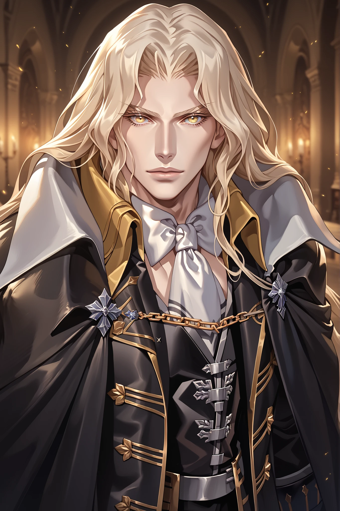 glistening skin,alucard_castlevania,long hair, yellow eyes, pale skin, cape, ascot, black gloves, black pants, coat,1boy,male focus, Alucard, long blond hair, portrait, seductive look, expressive eyes, eyes details, absurdres, topquality, ultradetail, masterpiece