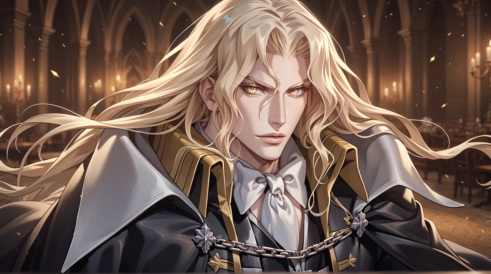 glistening skin,alucard_castlevania,long hair, yellow eyes, pale skin, cape, ascot, black gloves, black pants, coat,1boy,male focus, Alucard, long blond hair, portrait, seductive look, expressive eyes, eyes details, absurdres, topquality, ultradetail, masterpiece