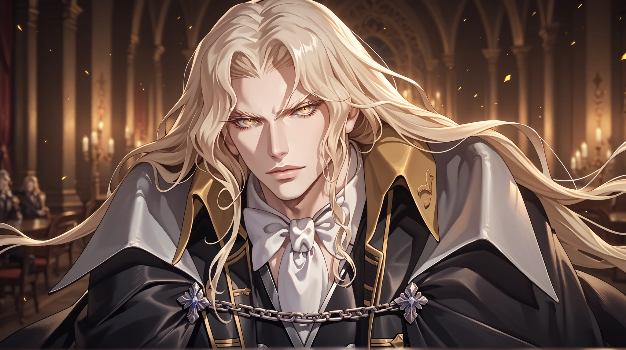 glistening skin,alucard_castlevania,long hair, yellow eyes, pale skin, cape, ascot, black gloves, black pants, coat,1boy,male focus, Alucard, long blond hair, portrait, seductive look, expressive eyes, eyes details, absurdres, topquality, ultradetail, masterpiece
