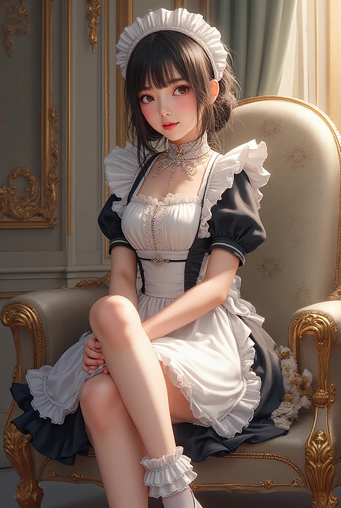 Masterpiece, solo, high detail, super detail, super high res, (photorealistic: 1.333), (highest quality), (best shadow), detailed, perfect lighting, 1girl, Perfect proportions, Perfect ???????, Close-up of face, princess eyes, bright orange hair, shinny skin, thin and slender waist, missy hair, wide ????, portrait, in bathroom, black and white maid costume with garter belt, 18 years old, medium breasted, troubled face, teary eyes, Bending forward, leaning forward, blushing, Looking into the viewer, ????????????, Facial close-up