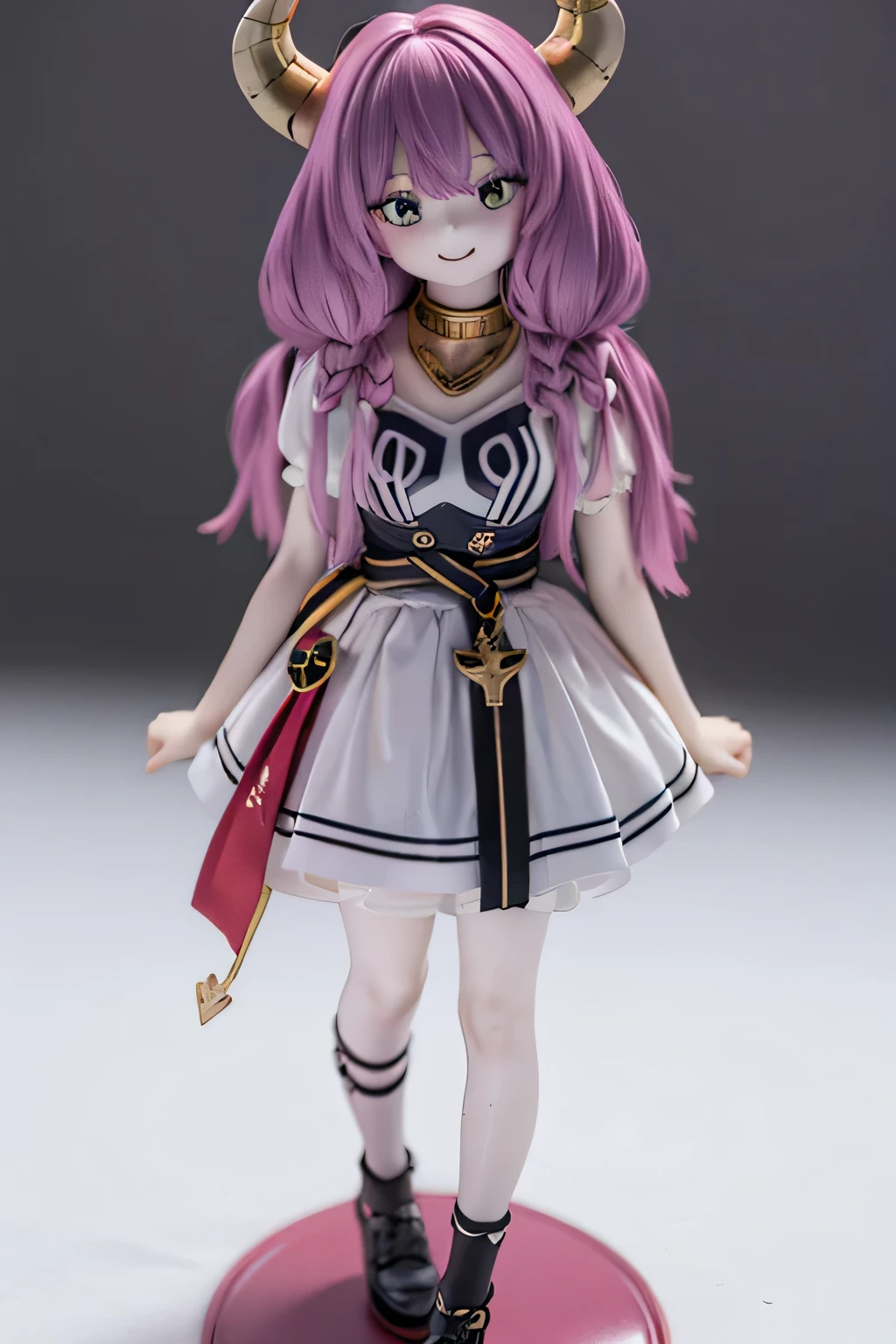 (Top Quality 4k,high resolution:1.2),very detailed,realistic,Bluish Tone, soft sentences,girls,Her Long,  flowing gray hair、In contrast to pale skin.., Smile from the waist up,  charming smile (((((contrast)))))full body　Magic Strike Back with    Libra(((((    Libraを持つ)))))Purple-red hair　    Libra　Horn