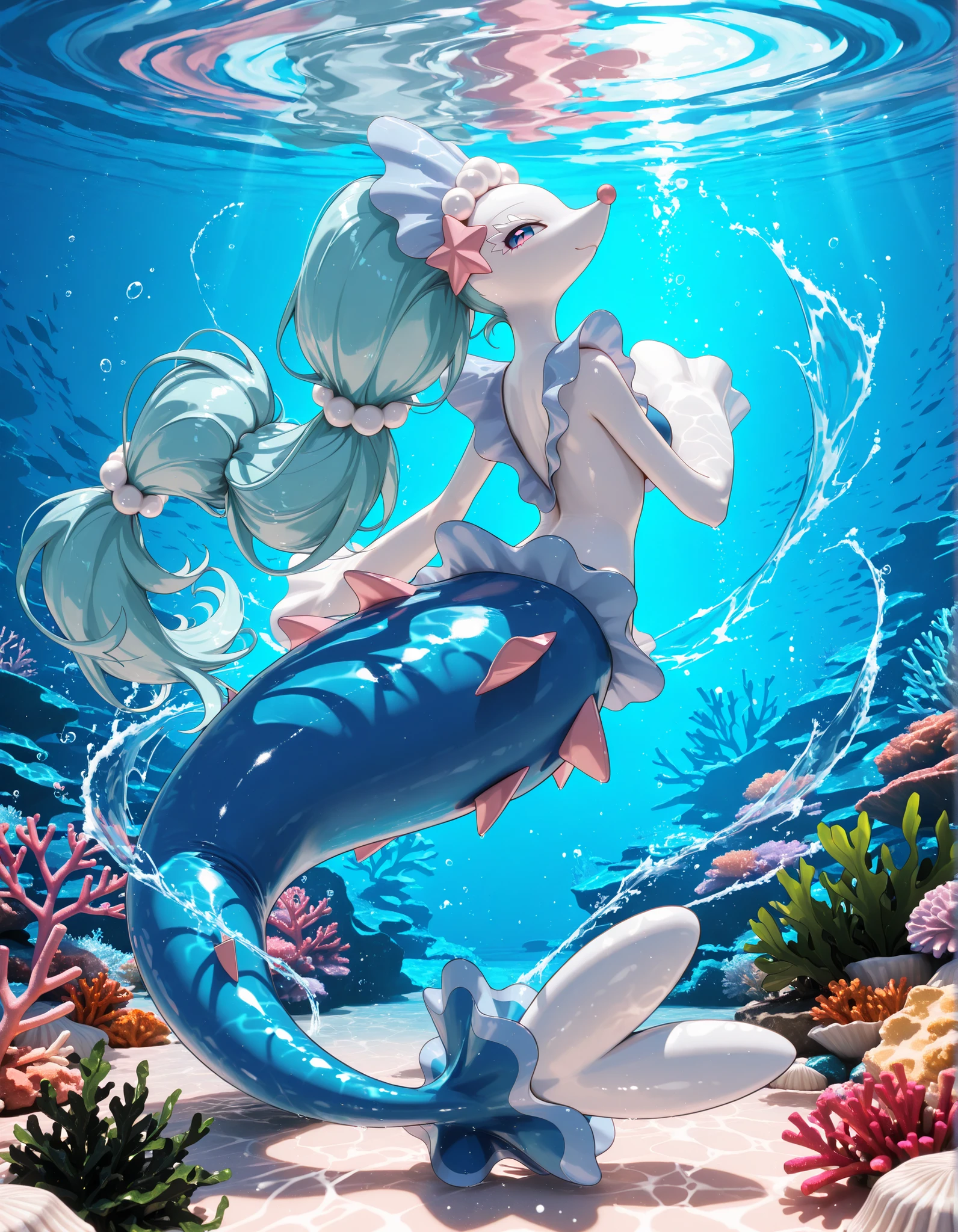 (primarina:1.3), primarina pokemon, dancer, dancing with water currents, emotional performance,, masterpiece, ultra detailed, best quality, playful mischievous expression looking back, pearl-like skin texture, flowing aqua-pink hair fins, elegant tail fins creating powerful water currents, dynamic underwater turbulence, streams of bubbles rising toward viewer, water vortex effects, shimmering scales catching light, opera-inspired design elements, underwater camera perspective, dramatic water distortion effects, POV shot, intense water ripple simulation, coral reef background, swaying seaweed, floating plankton, bioluminescent particles scattered, professional underwater photography style, motion blur on disturbed water, caustic light patterns, crystal clear water quality, water displacement physics, floating debris, detailed fin movement, water physics simulation, dramatic lighting through water surface, 3D rendering quality, dynamic composition,