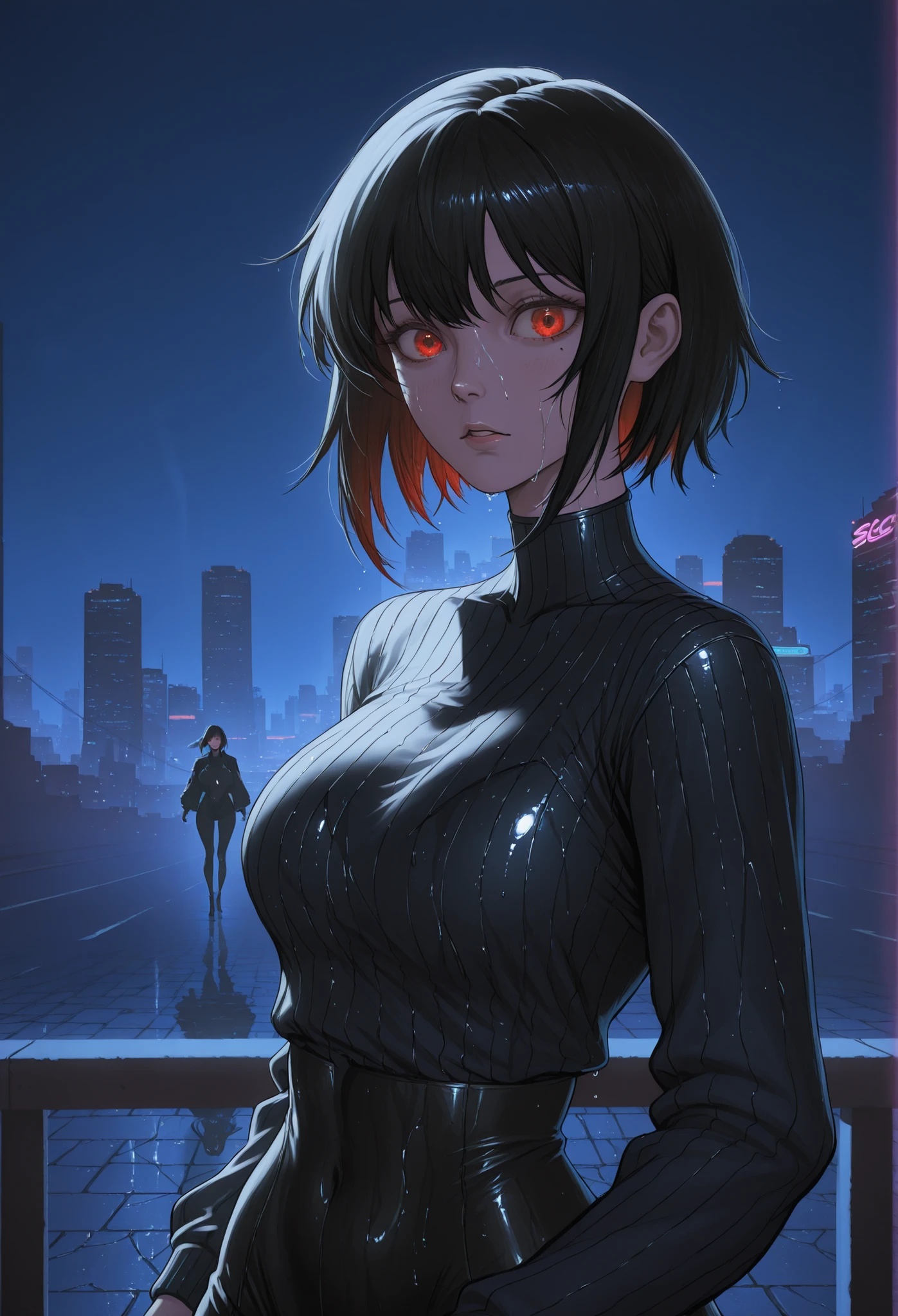 cool anime girl with short black hair and red eyes, city night background, intricate facial details, expressive body language, dynamic pose, neon city lights, reflective wet pavement, light fog, moody cinematic lighting, sci-fi cyberpunk style, digital painting, 4K, photorealistic, ultra-detailed, vivid colors, cinematic atmosphere