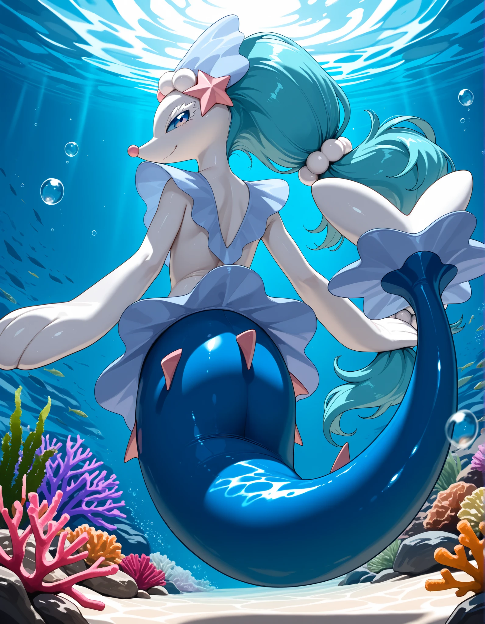 (primarina:1.3), primarina pokemon, dancer, dancing with water currents, emotional performance,, masterpiece, ultra detailed, best quality, playful mischievous expression looking back, pearl-like skin texture, flowing aqua-pink hair fins, elegant tail fins creating powerful water currents, dynamic underwater turbulence, streams of bubbles rising toward viewer,  water vortex effects, shimmering scales catching light, opera-inspired design elements, underwater camera perspective, dramatic water distortion effects, POV shot, intense water ripple simulation, coral reef background, swaying seaweed, floating plankton, bioluminescent particles scattered, professional underwater photography style, motion blur on disturbed water, caustic light patterns, crystal clear water quality,  water displacement physics, floating debris, detailed fin movement, water physics simulation, dramatic lighting through water surface, 3D rendering quality, dynamic composition,
