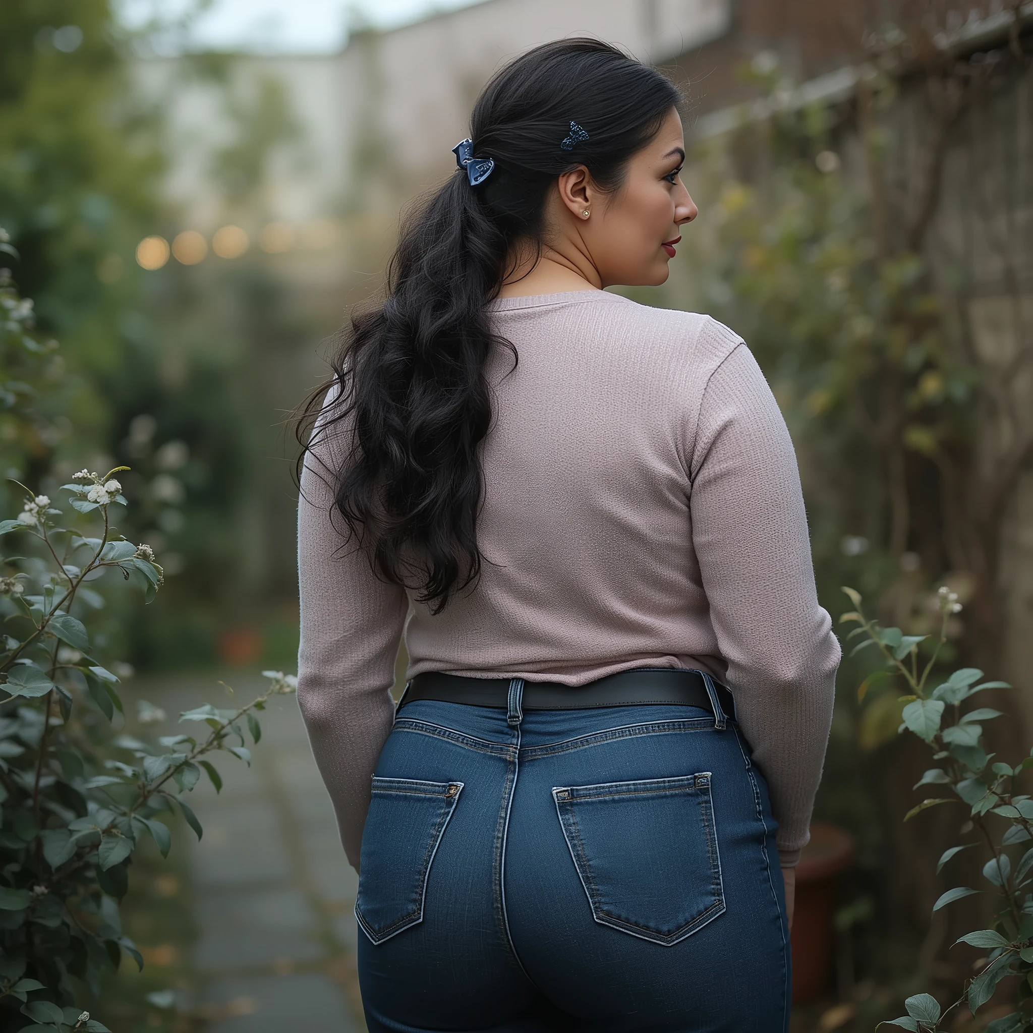 Photorealistic full-body true rear portrait of a mature European woman, mom vibes, shot straight from behind. Long black wavy hair loosely pinned back with a dark blue claw clip, glancing over her shoulder with graceful mature beauty. Wearing ultra-skinny dark blue jeans with a second-skin fit, thin and stretchy with elastane, accentuating her wide hips, wide pear-shaped buttocks, and slim waist. Hourglass body shape, Paired with a pale pastel rose form-fitting knit sweater, tucked slightly into the waistband to highlight her curves. Standing in a quiet, secluded backyard area. Soft blurred background enhances focus on the woman. Captured in overcast autumn daylight, cinematic and ultra-detailed, realistic 8k photography style.