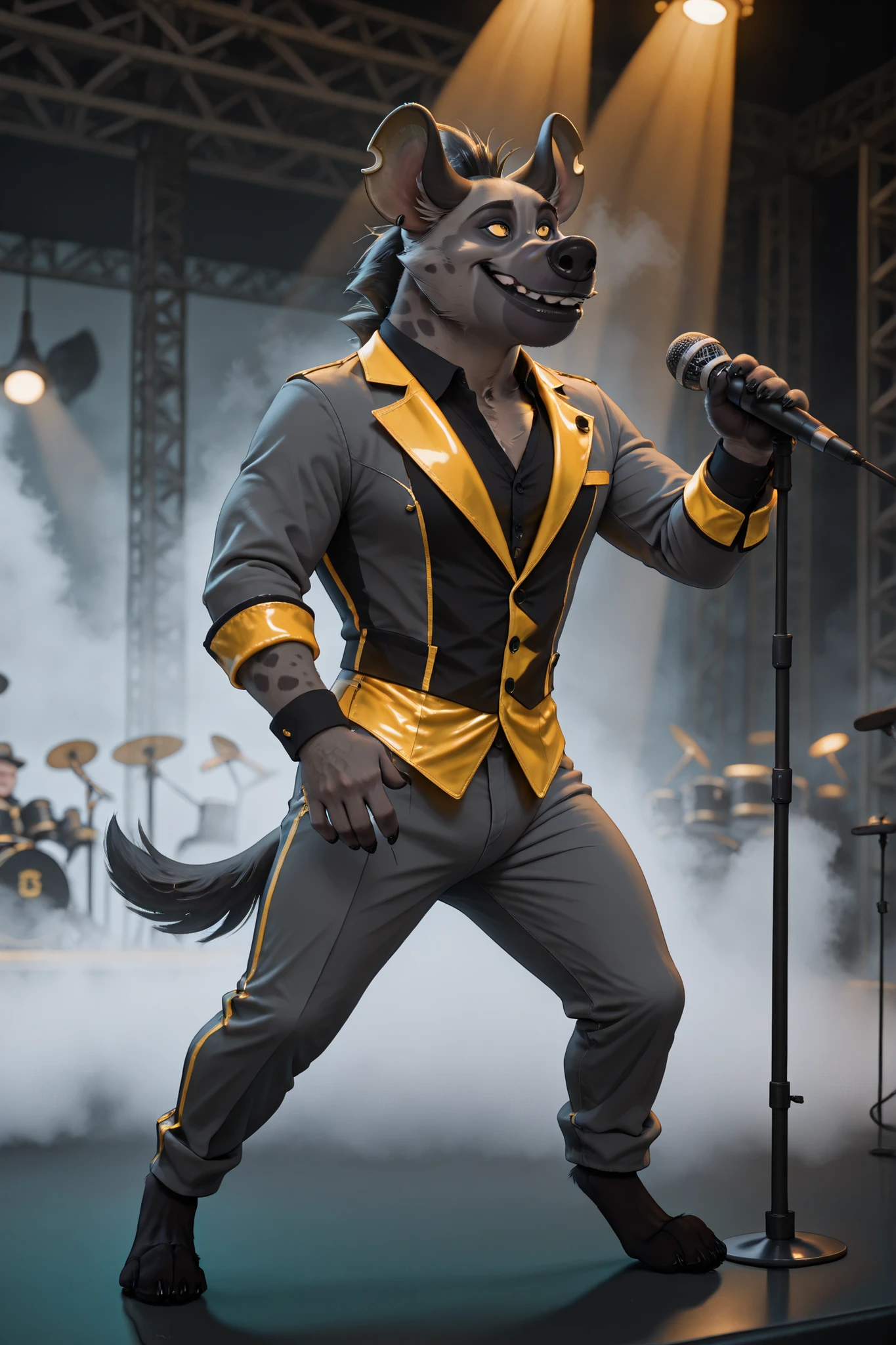 masterpiece, best quality, ultra-highres, ((Chungu hyena)), ((male)), ((dark grey fur)), ((yellow eyes)), ((eccentric mirrored outfit)), ((bizarre headgear)), ((theatrical pose)), ((stage performance)), ((concert lighting)), ((fog effects)), ((strange accessories)), ((microphone)), ((extravagant stage design)), vibrant colors,