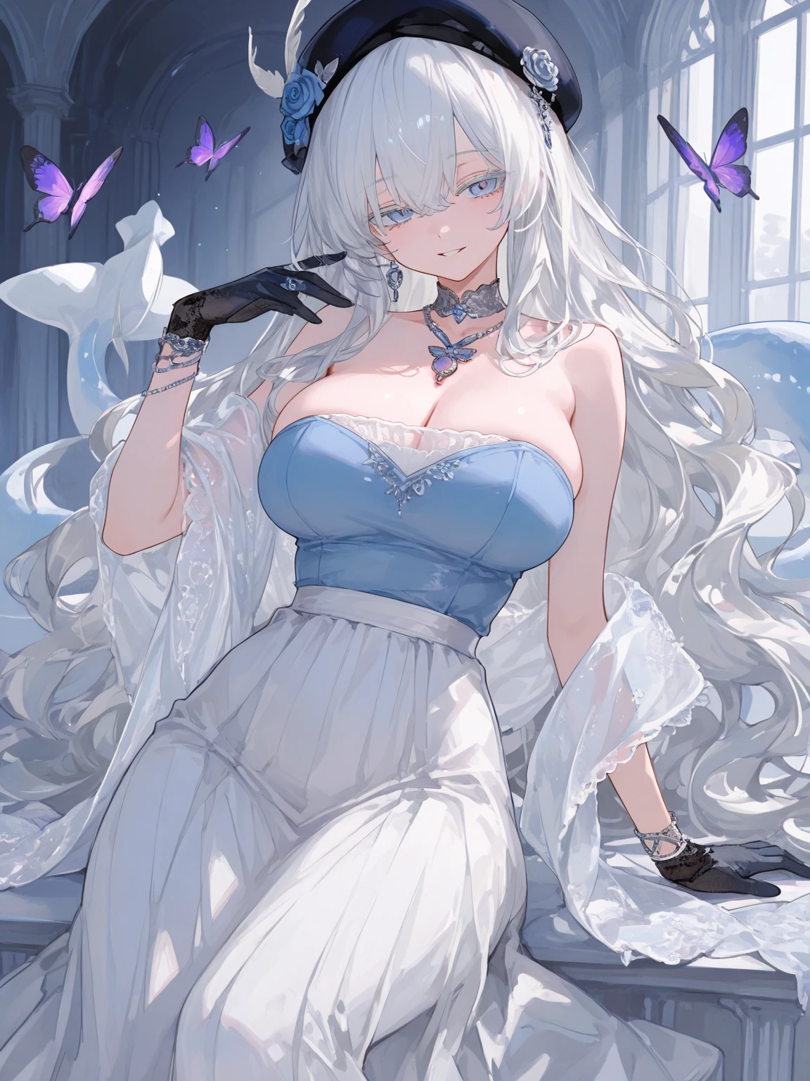silver hair，Butterfly，long white hair，white wedding dress，8k wallpaper，Detailed background，Highest resolution，Deep V big breasts，hair covering one eye，bandeau wedding dress，Chis，White Rose，tight，
