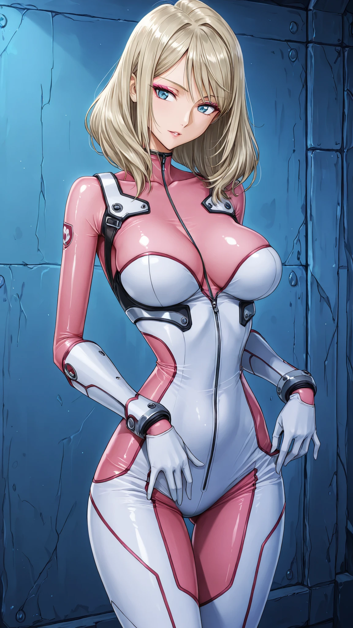 masterpiece,Best Quality,great quality,highest score,uncorrected,beingmadetofeellike,beingmadetofeellike,It makes me feel like a doujin style illustration, straight blonde hair,hair pushed back, medium hair, blue eyes, dark hair roots,, , (slender body), Ann Takamaki, 1girl, blonde hair, medium hair, light eyes, makeup, shiny skin,), , blue eyes,midriff,Chest, slut, sci fi dungeon,see-through,, pink eyeshadow, armor , ((Ella Freya))
