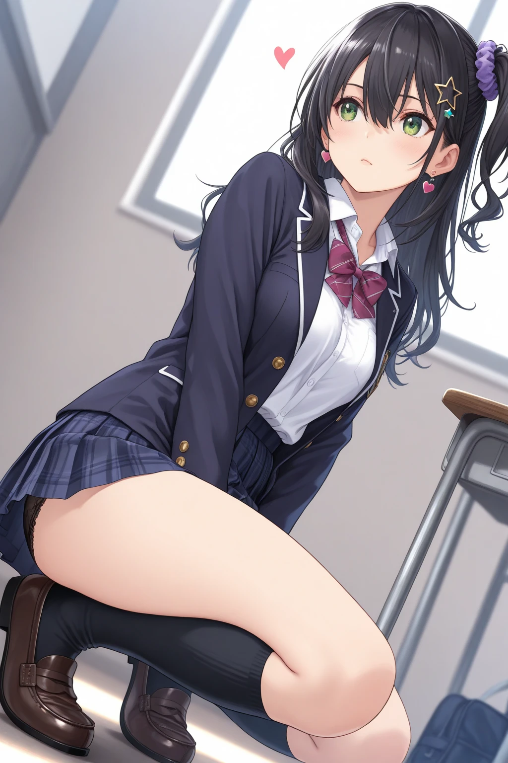 8k、Highest quality、(masterpiece:1.2)、Genuine、Super Fine、Ultra-high resolution、1 person、Beautiful Face、Perfect body、((black Bob))、Waistline、(Waist Slim:1.3)、Beautiful Skin、Skin Texture、Floating Hair、(((High School Uniform)))、classroom、blush、((Full Body Shot))、high school girl、white tank top、Panty shot、white panties,The texture of the thin cotton material and the wrinkles in the panties are expressed in detail.、Fine and beautiful hair texture、Detailed depiction of large pink areola、Standing in the classroom,Yoshizuki_Iori School_uniform_purple_shirt_green_skirt_white_neckerchief_black_Knee socks、classroomの床に座って股を開く