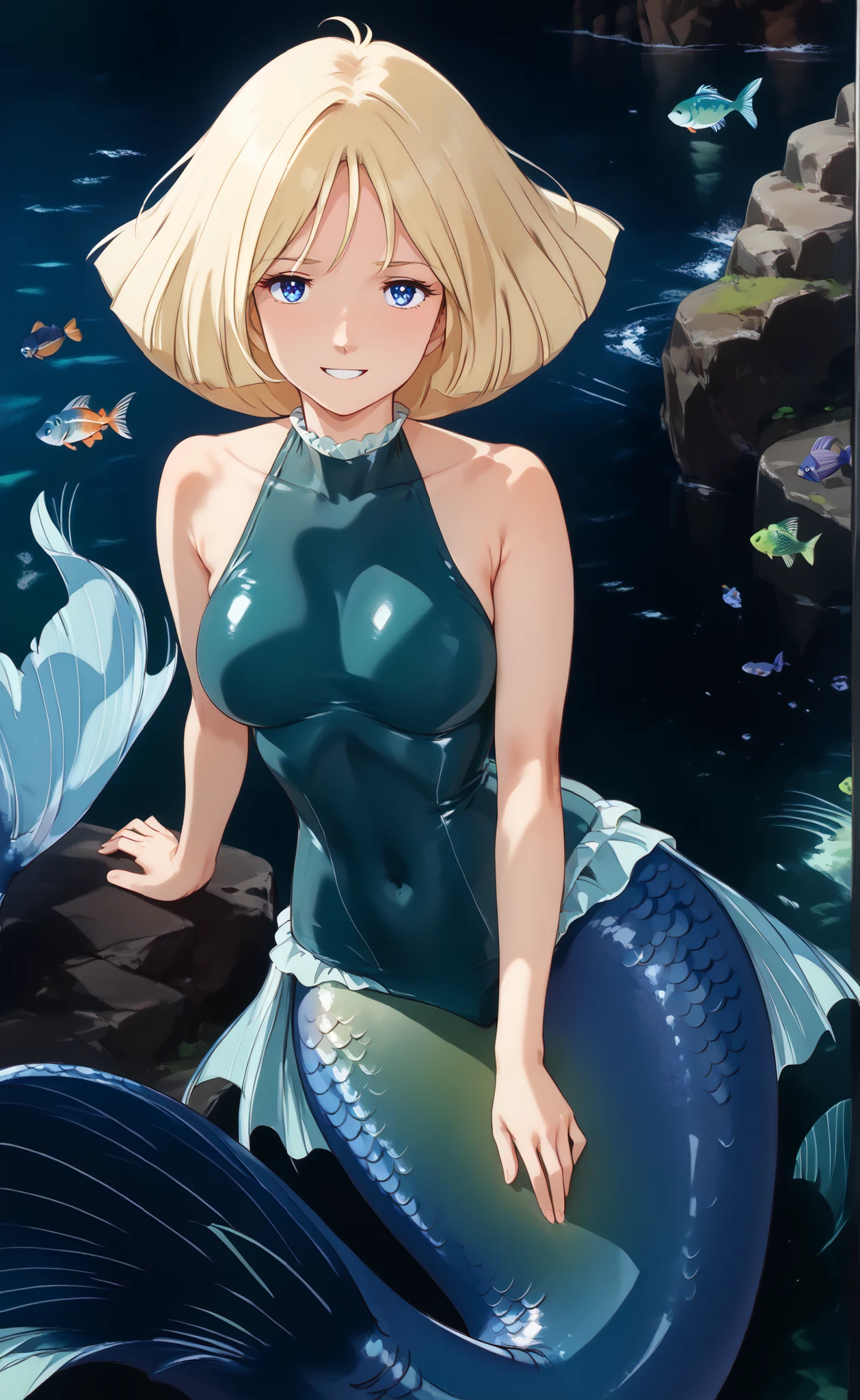 one girl, solo,Beautiful girl with eight heads,(cowboy shot:1.5),(mermaid with a human upper body in a green micro swimsuit and a fish lower body:1.5) pure, (beautiful bob style blonde:1.5),(BEAUTIFUL BLUE EYES:1.5),smile, Shy, Middle Bust, Disconnect, Style Your Hair, viewers, ( Standing crouched on one leg:1.5),_9, score_8_Superior, score_7_Superior, source_ anime, (Highest Quality:1.5),( Big butt and a voluptuous body:1.5),(with the upper front facing the front facing the front:1.5),crotch close-up,(beautiful big eyes:1.3),