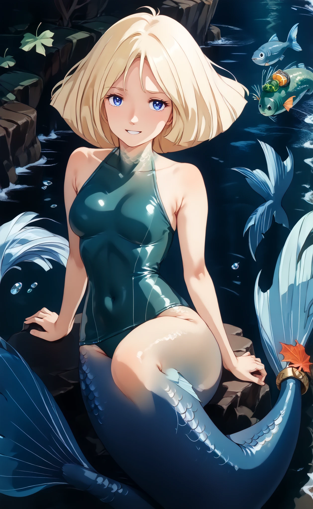 one girl, solo,Beautiful girl with eight heads,(cowboy shot:1.5),(A mermaid with a human upper body, a leaf green micro swimsuit, and a fish lower body:1.5) pure, (beautiful bob style blonde:1.5),(BEAUTIFUL BLUE EYES:1.5),smile, Shy, Middle Bust, Disconnect, Style Your Hair, viewers, ( Standing crouched on one leg:1.5),_9, score_8_Superior, score_7_Superior, source_ anime, (Highest Quality:1.5),( Big butt and a voluptuous body:1.5),(with the upper front facing the front facing the front:1.5),crotch close-up,(beautiful big eyes:1.3),