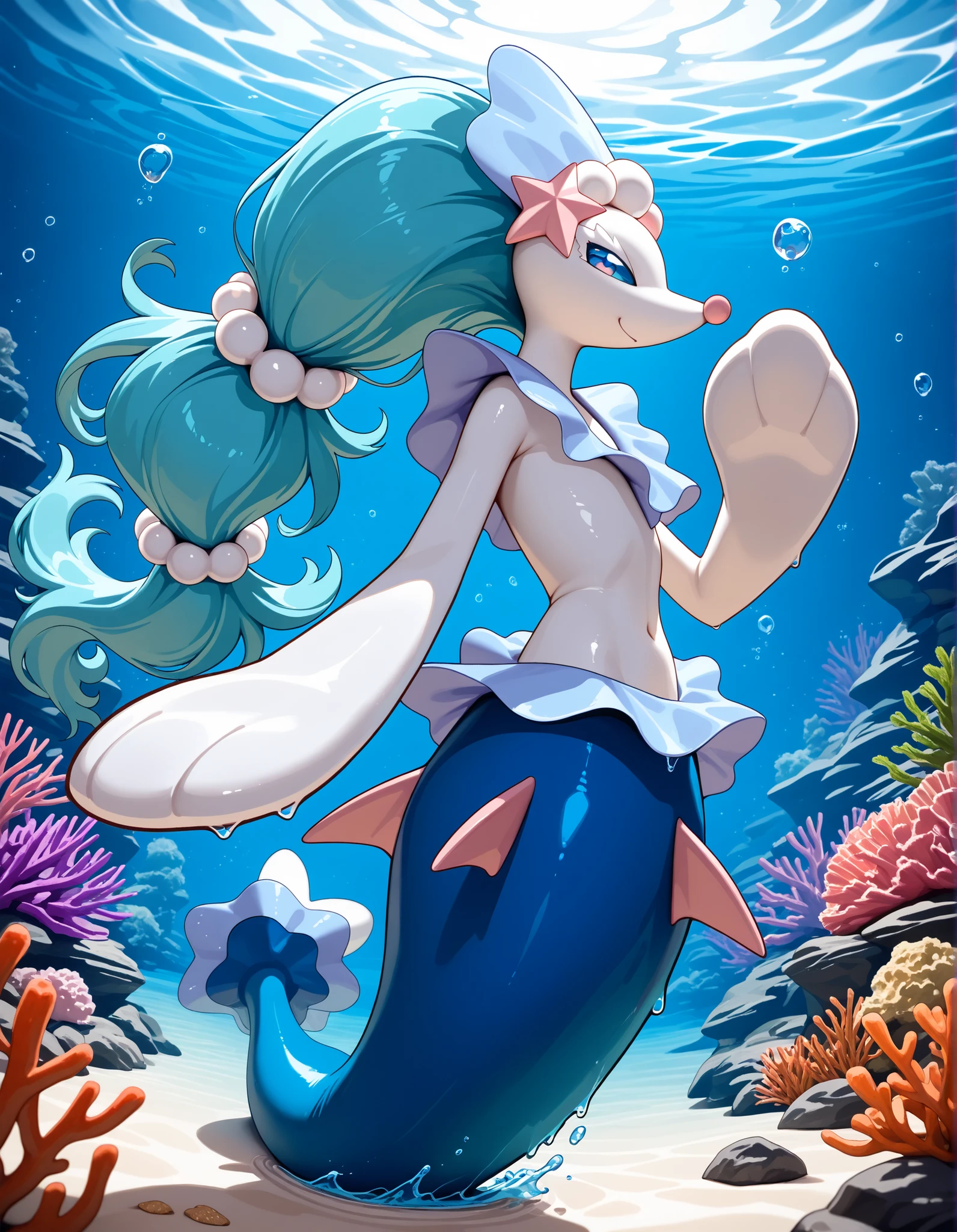 (primarina:1.3), primarina pokemon, dancer, dancing with water currents, emotional performance,, masterpiece, ultra detailed, best quality, playful mischievous expression looking back, pearl-like skin texture, flowing aqua-pink hair fins, elegant tail fins creating powerful water currents, dynamic underwater turbulence, streams of bubbles rising toward viewer, water vortex effects, shimmering scales catching light, opera-inspired design elements, underwater camera perspective, dramatic water distortion effects, POV shot, intense water ripple simulation, coral reef background, swaying seaweed, floating plankton, bioluminescent particles scattered, professional underwater photography style, motion blur on disturbed water, caustic light patterns, crystal clear water quality, water displacement physics, floating debris, detailed fin movement, water physics simulation, dramatic lighting through water surface, 3D rendering quality, dynamic composition,
