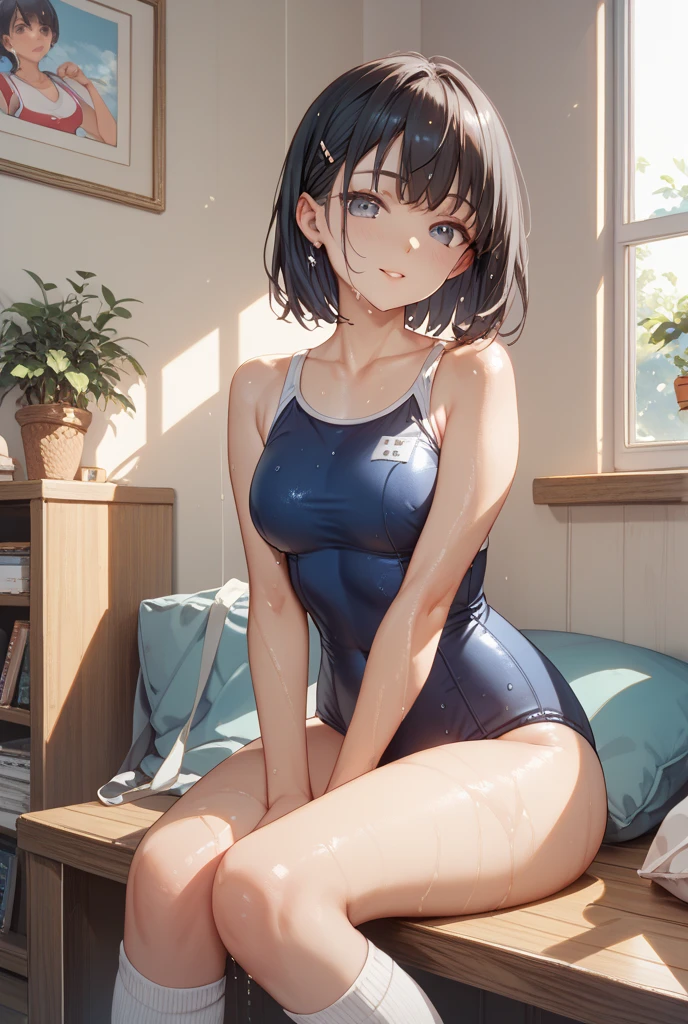 High quality、highest quality、complete limbs、Ultra high definition、bob cut、Shining eyes、full finger、slender beauty、smile、Wearing a light blue school swimsuit、shiny skin、knee high、girl's cute room、dramatic writing