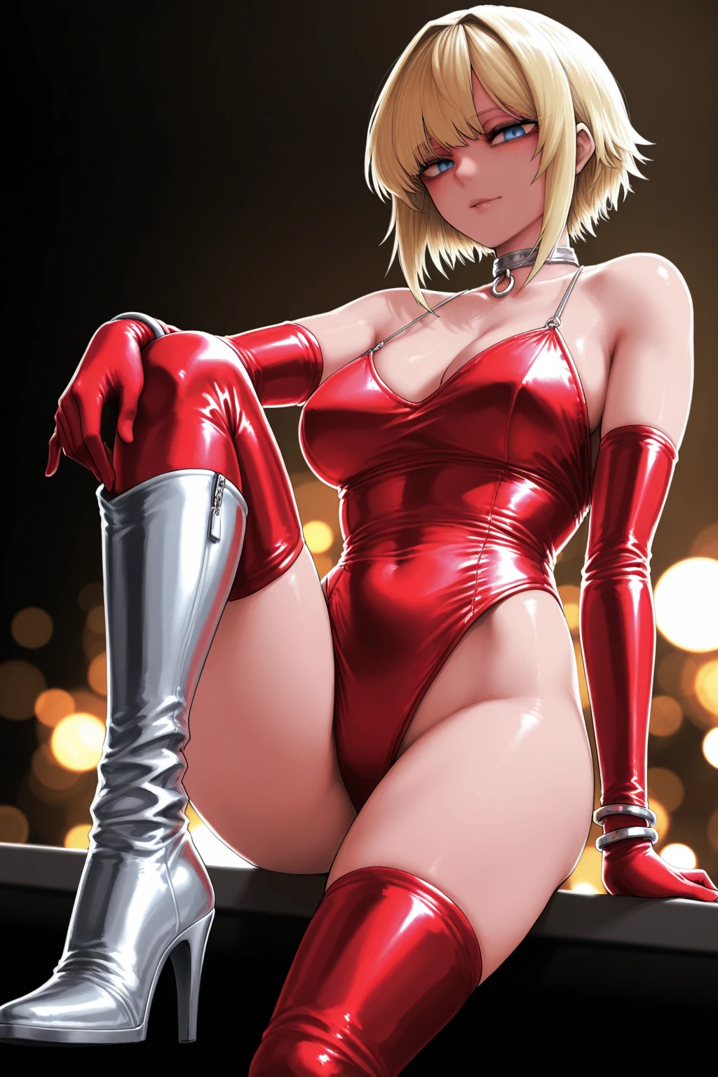 ((8k uhd, 8k Wallpaper, extremely detailed CG unity 8k wallpaper), (High Quality, Ultra Quality, High resolution), (trending on art station), (detailed, intricate details, detailed background, detailed face, detailed skin), (masterpiece, best quality, ultra-detailed, best illustration, best shadow)), BREAK, ((1girl, solo):1.1), (makeup), (tube top, solid tube top, cleavage, red), (mini skirt), (high heels), natural makeup, big ????, seductive, motherhood, looking at the audience, curvy, ????, CEO lady, (mature woman, milf: 1.1), solo, (curve: 1.1), milf, blonde hair, bob haircut, nfsw, selfie, face close up, two hand selfie