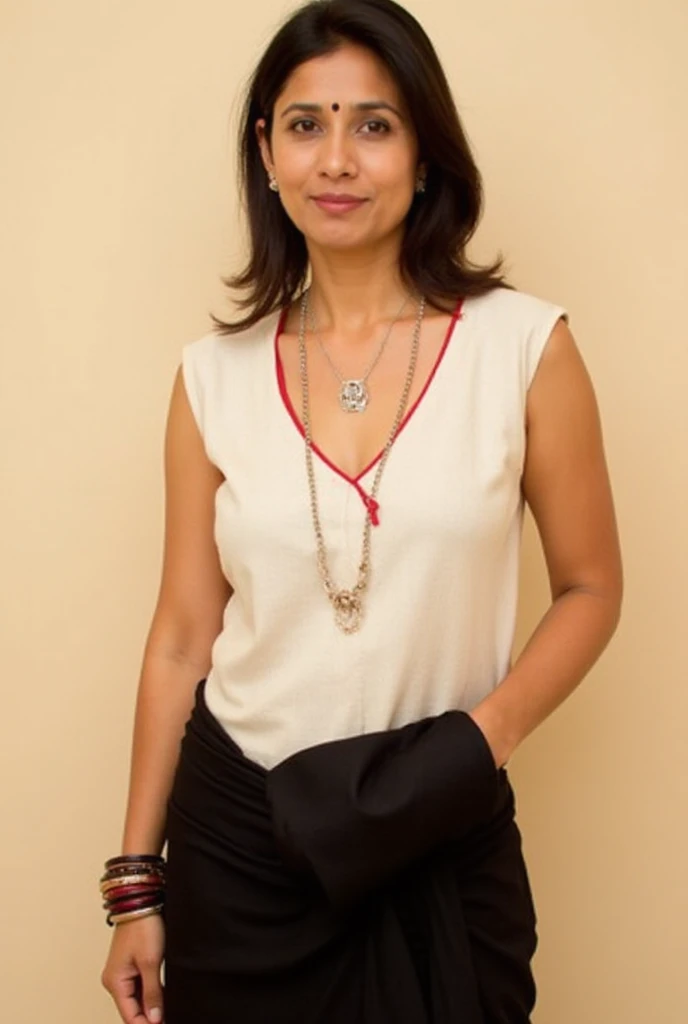 forehead_vista, upperbody, anime screenshot, ( highres,  the best quality ),   zpDxl, 1 girl, 
 cover of the monthly magazine Megami ar3tm1swwre ,  dark-skinned women's glasses, 1 girl, neck ring , Alone ,  looking at vistaer ,  Soft smile,  closed mouth ,   Posing for photo  ,  arms crossed,
 Short Black Blouse, loose fitting brown pants ,  belt, bracelet, 
 megami monthly magazine cover , pinup, fondo blanco,