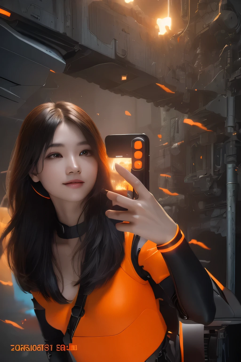 Top Quality, Masterpiece, Ultra High Resolution, (Photorealistic: 1.4), Raw Photo, 1 Girl, Black Hair, Glossy Skin, 1 Mechanical Girl, (((Ultra Realistic Details)), Portrait, Global Illumination, Shadows, Octane Rendering, 8K, Ultra Sharp, Intricate Ornaments Details, wearing Headphone,  very intricate detail, realistic light, CGSoation trend, brown eyes, glowing eyes, (matte black and glossy orange bodysuit with orange parts on her mechanical bodysuit) , Long hair, Ponytail hair, full body shot, spaceship bridge background, dynamic pose, dynamic stand, facing the camera, close up, laughing