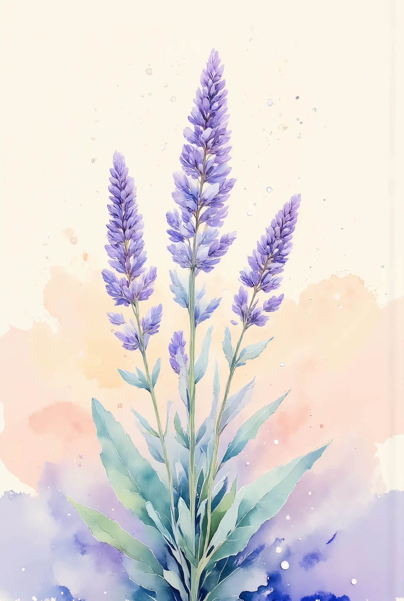Ultra high-resolution, ultra-detailed soft watercolor illustration with a dreamy pastel gradient background of mint green, peach, and lavender hues. Delicate, semi-transparent brushstrokes blending smoothly. Elegant purple lavender flowers and stems emerging gently from the misty background. Clean, minimal, crisp and vivid details, soft edges with a serene and airy atmosphere.