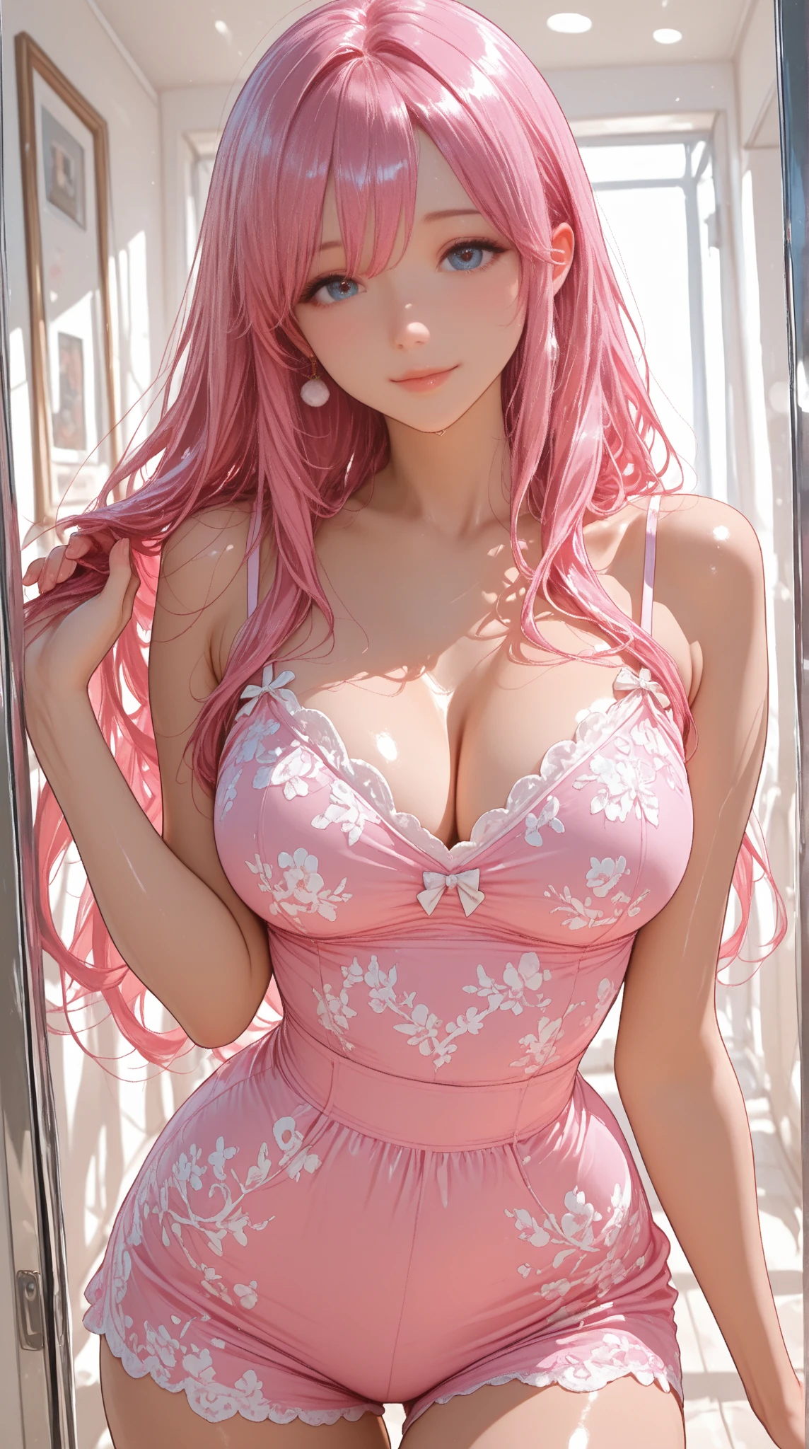 round , Nino Nakano is 20 years old ((beautiful girl)), ((long pink hair completely straight and tight, two butterfly-shaped ribbons that hold the hair.)), two ribbons in butterfly shape that holds the hair.)), double eyelids, beautiful blue eyes, and detailed, hyper detailed, light effect on the eyes, detailed iris, ((beautiful pink dress, cool with delicate embroidery, beautiful and cool)), cleavage, ((masterpiece, hyper realistic, hyper detailed , best quality, 16k, light and shadow on skin, vivid colors), eyeliner, expression, Perfect lips, innocent and  face, (fair skin), beautiful and , all shy ((is very beautiful)),  with the viewer, beautiful, charming, (pose on the apartment balcony)