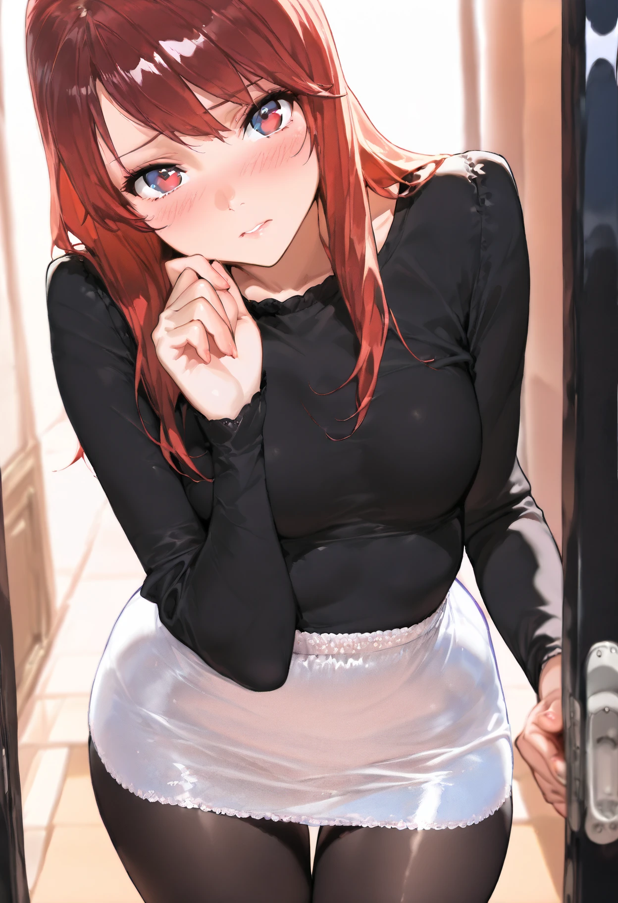 1girl, ?????????, tight shirt, lingerie, big ?????, green eyes, long torso, red hair, ponytail, shiny skin, reaching at the top of a cupboard