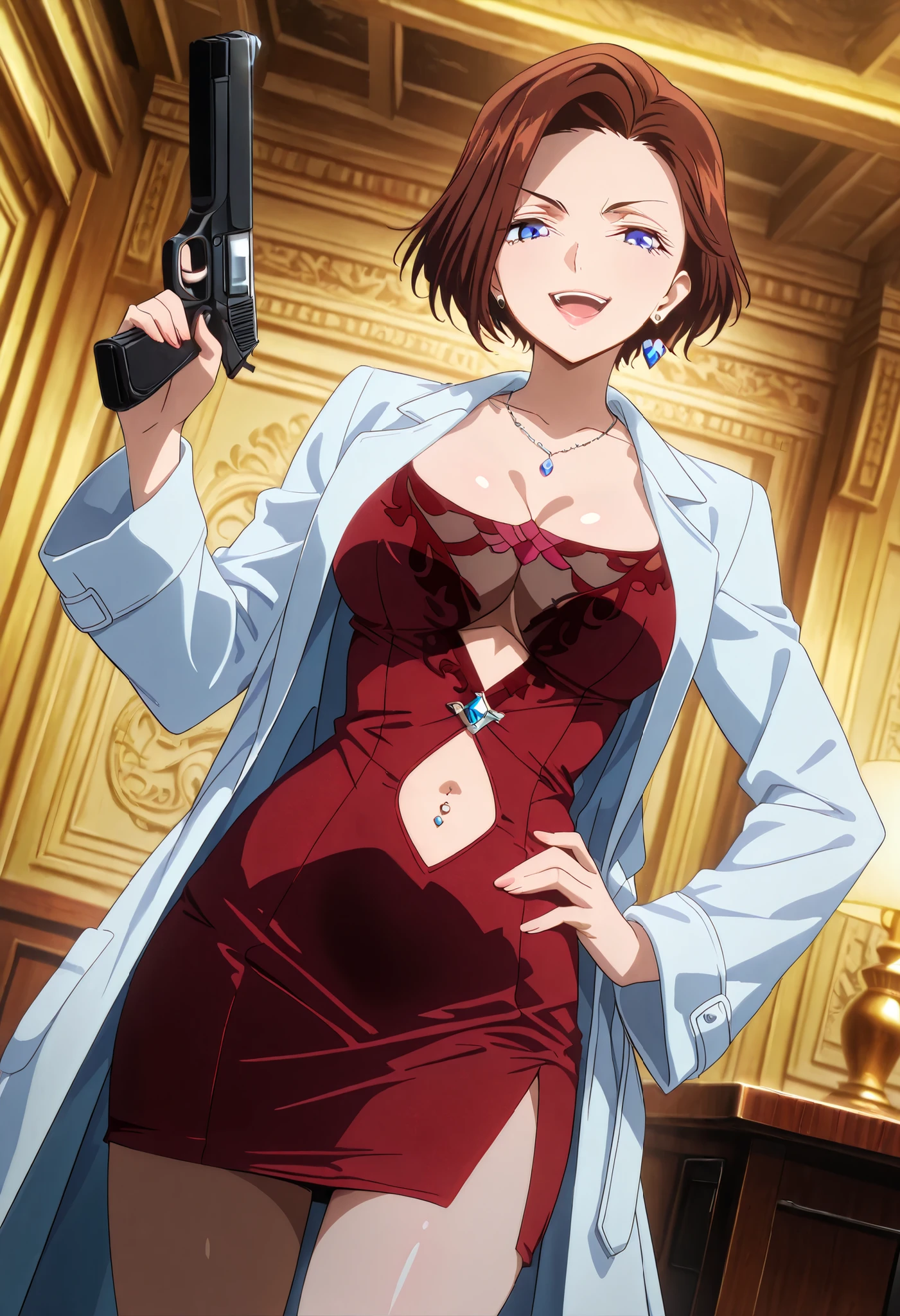 general,highres, ultra-detailed,very aesthetic,best quality ,best hands,best eyes,easynegative,
dynamic anglre, dutch angle, anime cloring,anime screencap,
1girl solo,looking at viewer,smile,indoors, hand on hip,
Sophie Landel,brown_hair, short_hair, blue_eyes, lipstick, earrings, ,labo coat, red dress, masterpiece, best quality, highly detailed, a girls in short dress with navel cutout posing for a picture, evil
smile, smile, open mouth, (nsfw) not safe for work, revealing dress, beautiful dress center opening ,
short dress with bellybutton showing, official artwork, exposed navel, exposed bellybutton, jewelry,
earrings, complex detailed background, casino environment, fancy
interior environment, rich interior, holding a gun, holding pistol, side slit ,
navel cutout, exposed navel, exposed bellybutton, navel piercing, european architecture, palace, medium large breast ,looking at viewer , dragon tattoo on waist, narrowed eyes, tattoo on waist, anipai_style , anime screencap , anime coloring, v-shape eyebrows,