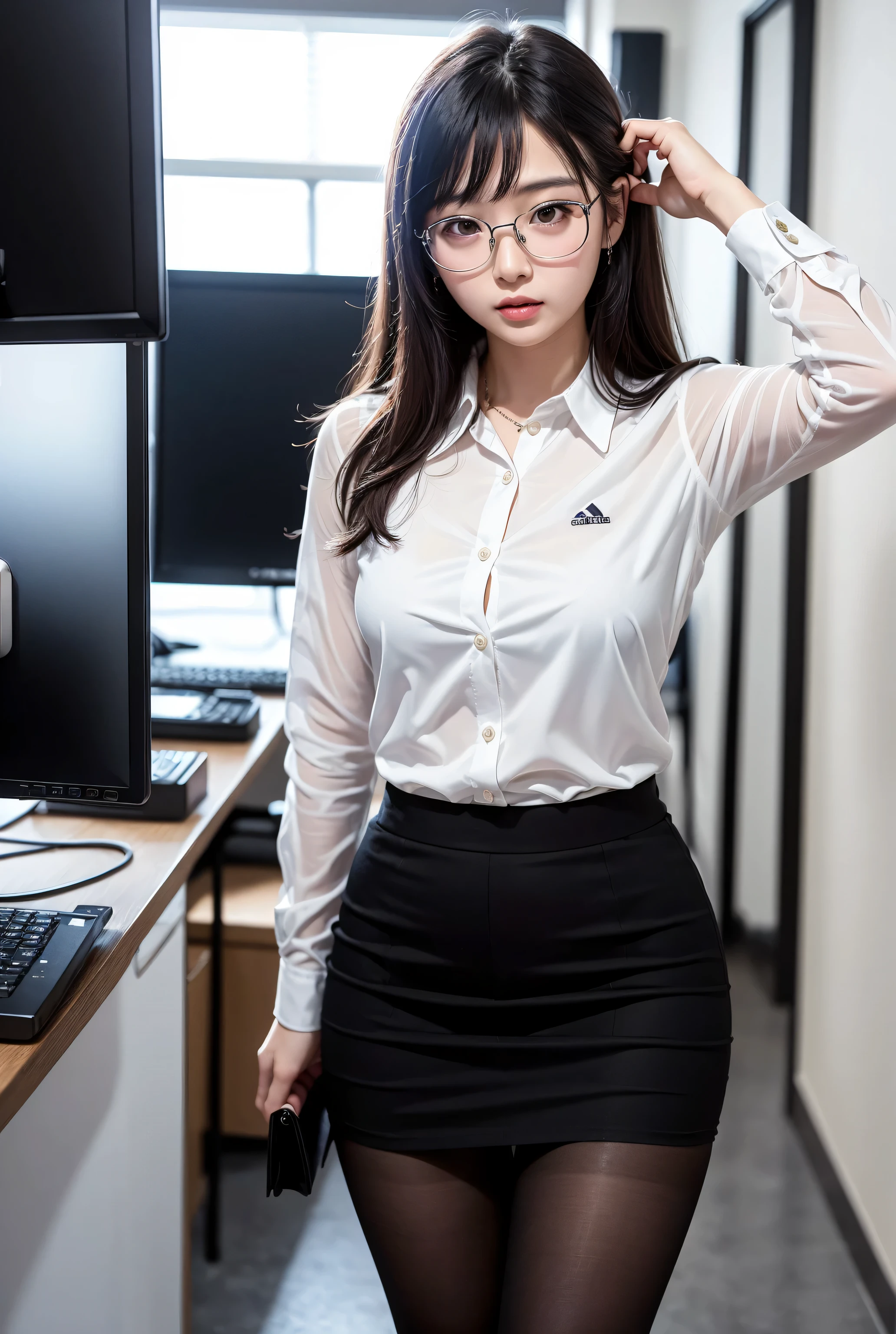 Japanese woman sitting in an office room, White wall, Grey table, plant ,smile, (((masterpiece))), ((highest quality)), ((Intricate and detailed)), ((Surreal)), Absurd resolution, 29-year-old, Mature Woman, perspective, Very detailed, figure, One girl, (voluptuous), Beautiful fine details, Long Hair, Brown eyes, Name tag, chief executive officer（CEO）, Glasses, (business attire:1.2), Office Shirt, Tight Skirt, Black choker, Earrings, stockings, Detailed Background, Perfect Eyes,  eyes, Looking at the audience, from the front