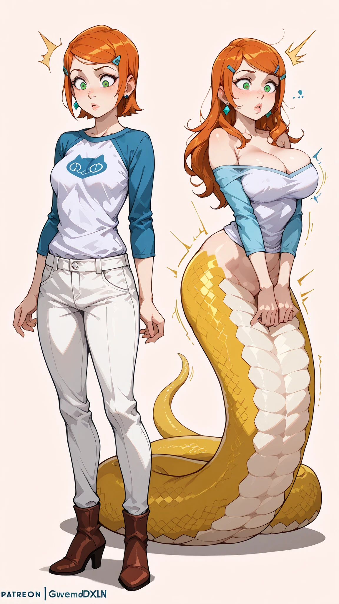 masterpiece,  best quality, transformation, mtf, transformation sequence, before and after,girl transforms into lamia, (1girl,  GwenSDXL,1girl,short hair,shirt,hair ornament,long sleeves,jewelry,green eyes,earrings,hairclip,pants,orange hair,swept bangs,raglan sleeves, shocked expression, white pants, gwen from ben10, full body, standing, simple background, orange hair, green eyes), tr2nsf0rmati0n, BREAK, lamia transformation, 1girl, solo, breasts, long hair, tail, lips, bare shoulders, large breasts, cleavage, boot, high heels, bottomless, pants around tail, seductive expression 
  