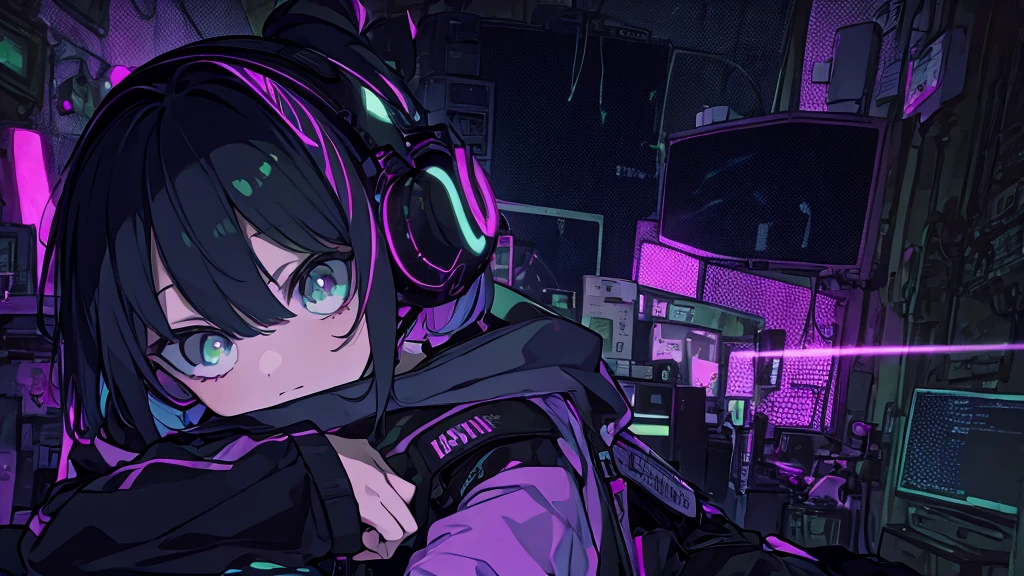 Best quality, (masterpiece:1.2), best detail face, 1 girl, , 18 yo, 8k,absurdres,unity 8k wall paper,(extremely detailed:1.3), highest realistic, (simple headphones:1.1), (soft neon light:1.1), (floating hair:1.2), (psychedelic:1.2), Her room full of music equipment and plants, Leaning back on the chair with a casual attitude, Light clothing in summer, dark grey color palette, black hair
