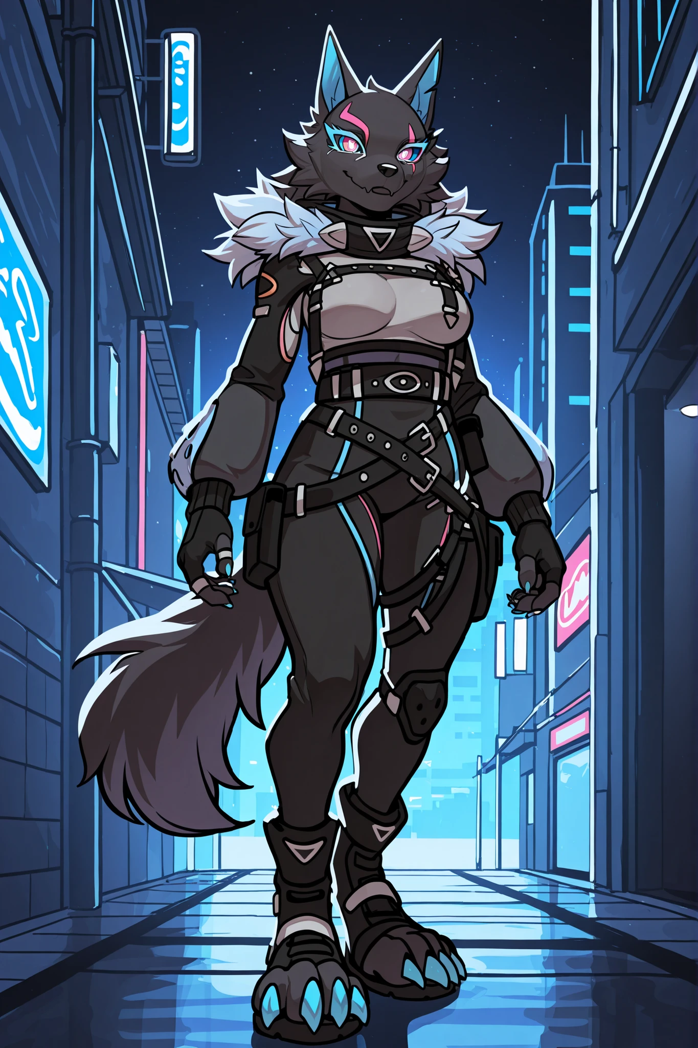 (solo), masterpiece, best quality, clean line art, highres, extremely detailed eyes, perfect eyes, detailed line art, intricate details, ultra-detailed, sharp focus, perfect, full body picture, centered, 1girl, highwire_pack_leader_illust, fur_trim_(clothing), clothing, black_fur, streetwear, techwear, clothed, belt, furry, anthro, (digitigrade legs), digitigrade feet, digitigrade boots, wolf tail, clawed boots, blue claws, boots with straps, (four claws on feet), , standing in a futuristic city, at night, dark background,