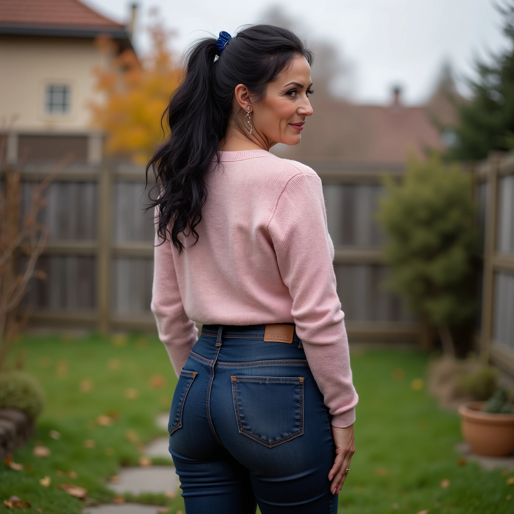 Photorealistic full-body true rear portrait of a mature European woman, mom vibes, shot straight from behind. Long dark wavy hair loosely pinned back with a dark blue claw clip, glancing over her shoulder with graceful mature beauty. Wearing ultra-skinny dark blue jeans with a second-skin fit, thin and stretchy with elastane, accentuating her wide hips, wide pear-shaped buttocks, and slim waist. Hourglass body shape, Paired with a pale pastel rose form-fitting knit sweater, tucked slightly into the waistband to highlight her curves. Standing in a quiet, secluded backyard area. Soft blurred background enhances focus on the woman. Captured in overcast autumn daylight, cinematic and ultra-detailed, realistic 8k photography style.